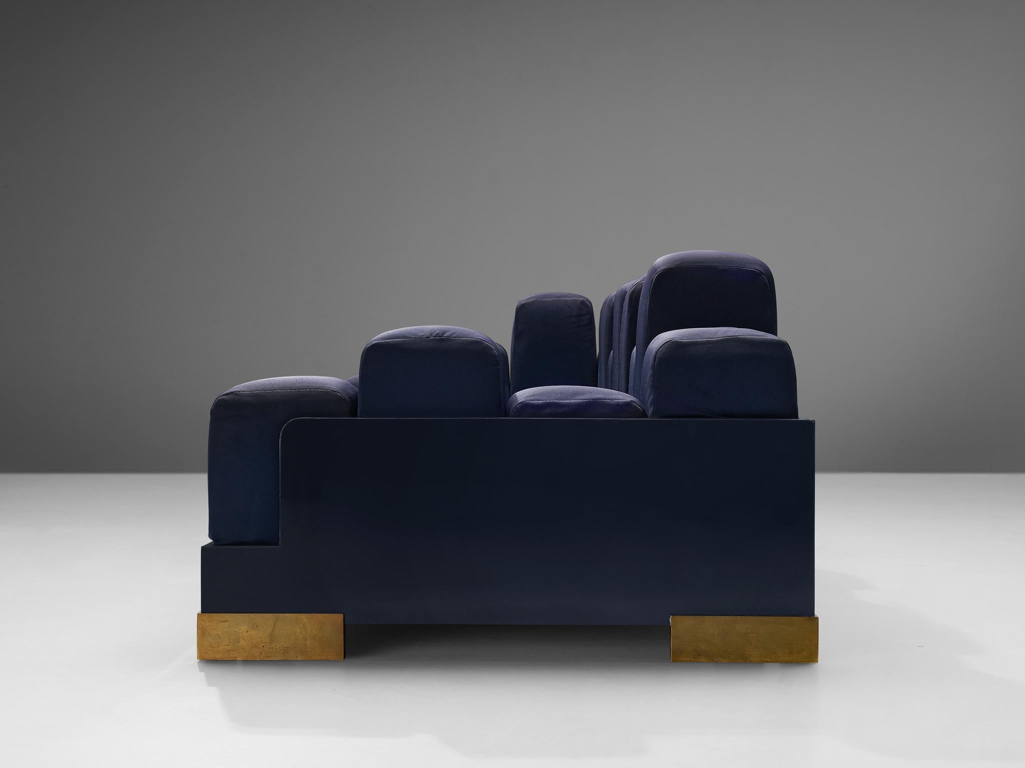 Brass Postmodern Italian 'Manhattan Skyline' Sofa in Blue Upholstery  For Sale