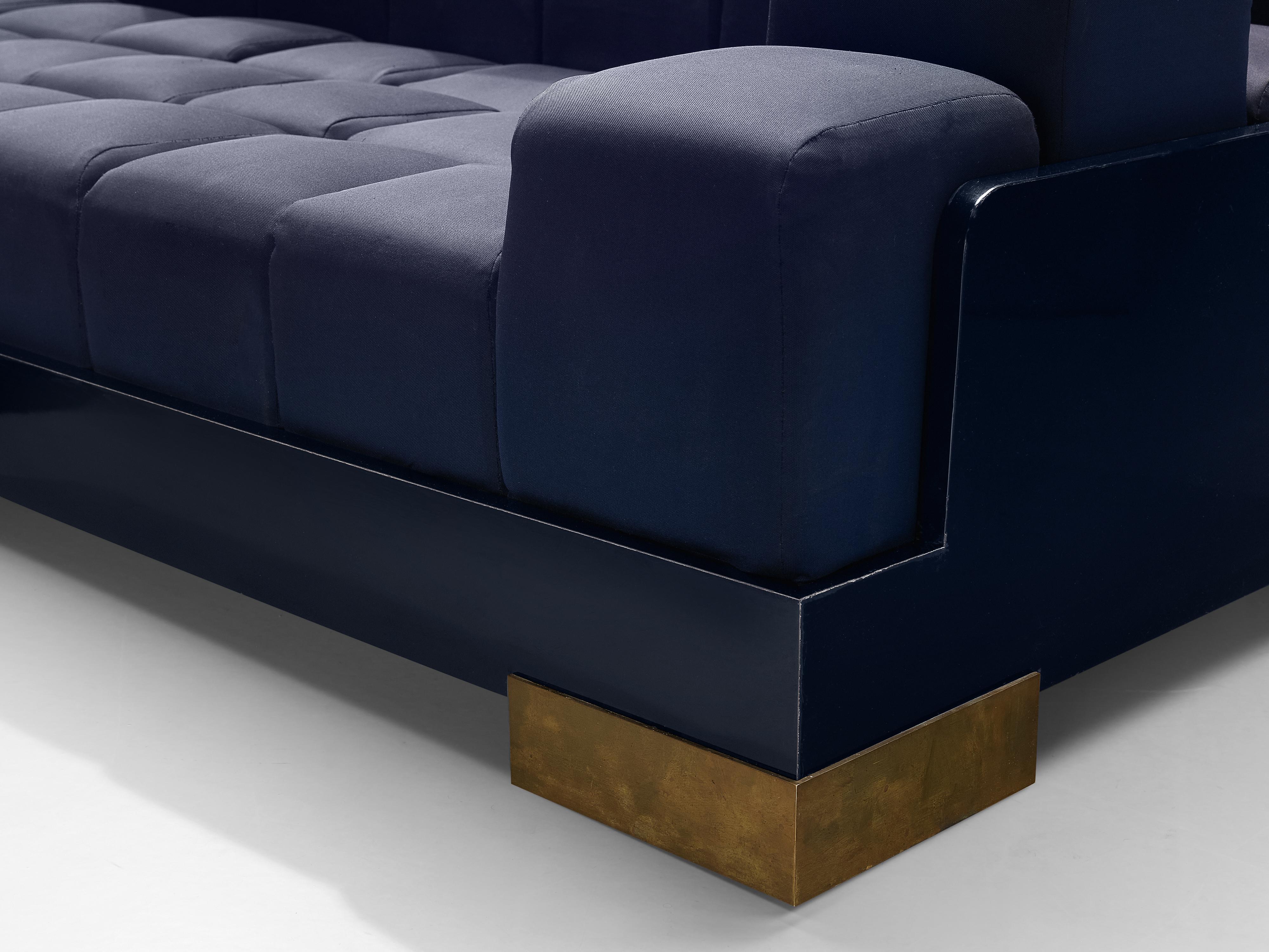 Brass Postmodern Italian 'Manhattan Skyline' Sofa in Blue Upholstery