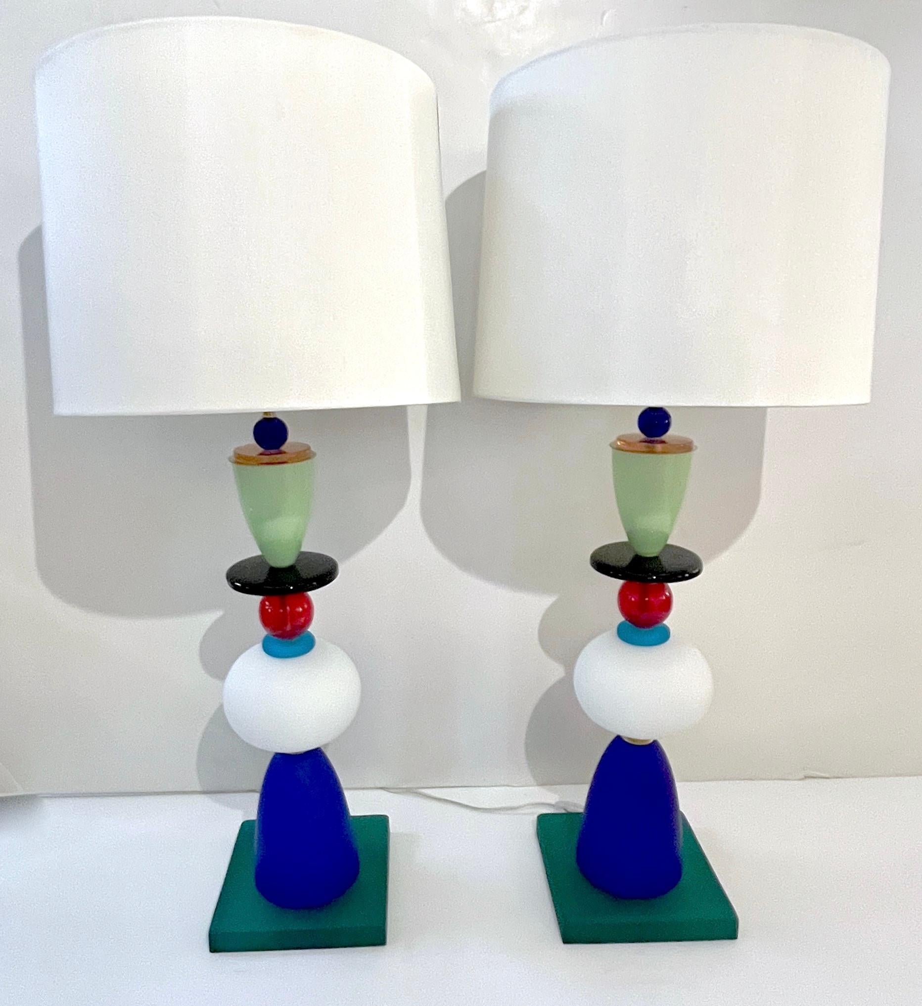 Postmodern Italian Memphis Design Green Blue White Red Black Murano Glass Lamps For Sale 1