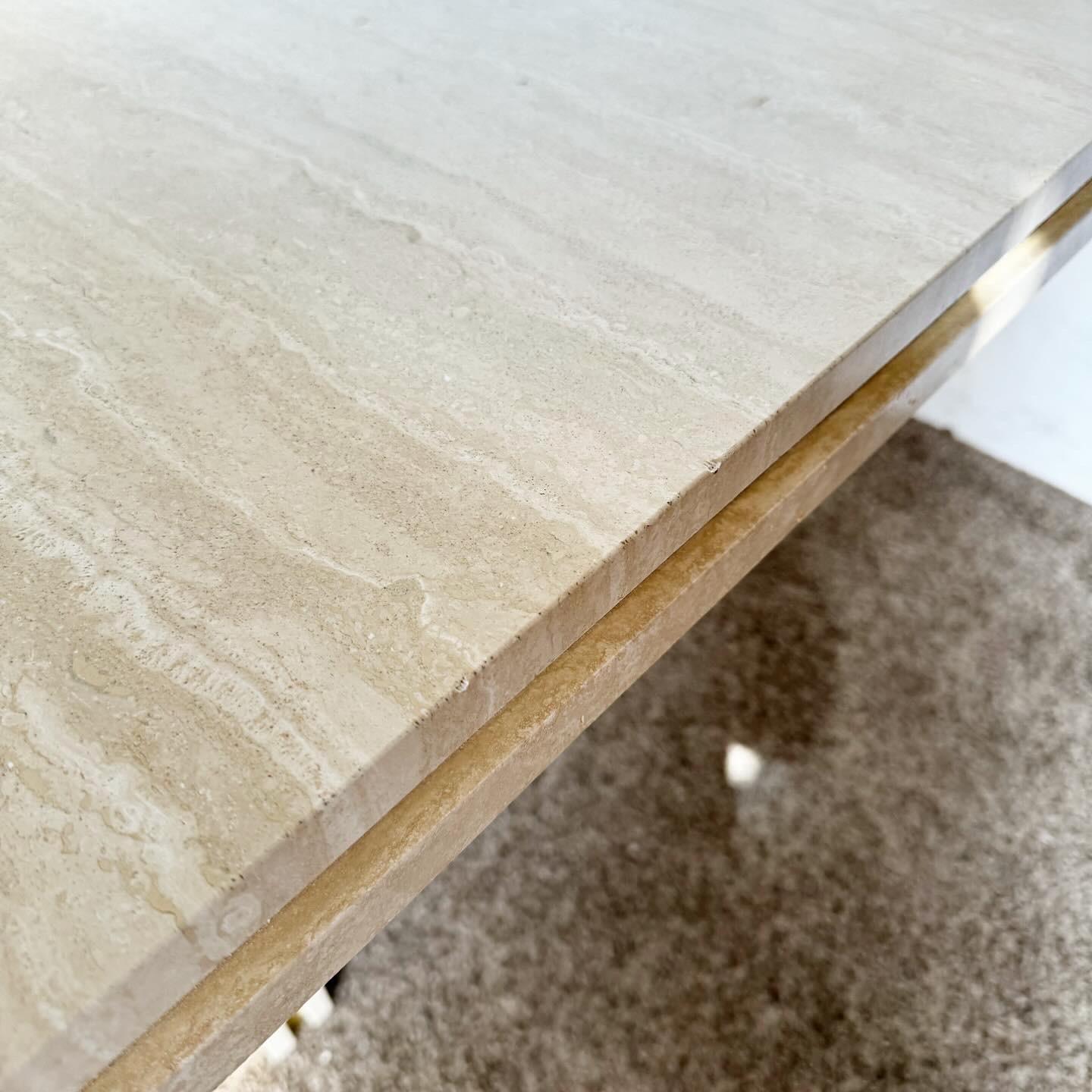 Late 20th Century Postmodern Italian Polished Travertine Dining Table With Gold Accent