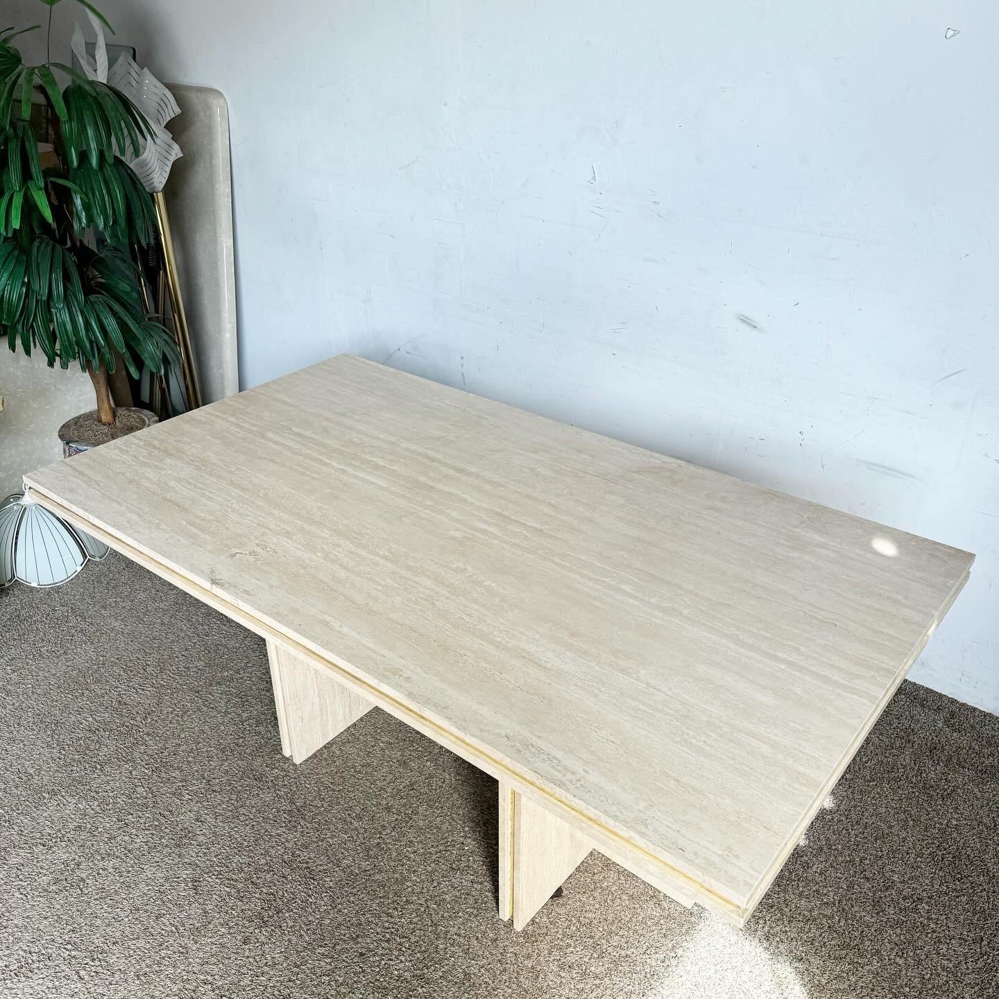 Postmodern Italian Polished Travertine Dining Table With Gold Accent In Good Condition For Sale In Delray Beach, FL