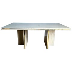 Vintage Postmodern Italian Polished Travertine Dining Table With Gold Accent