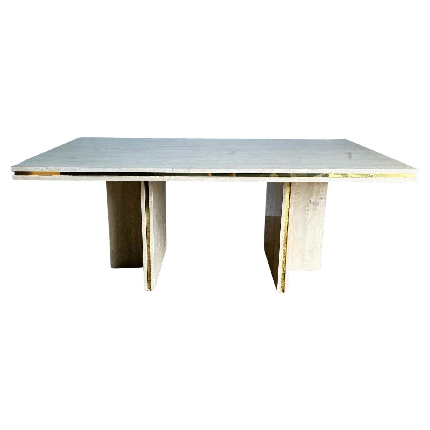 Postmodern Italian Polished Travertine Dining Table With Gold Accent For Sale