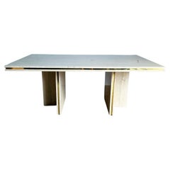 Retro Postmodern Italian Polished Travertine Dining Table With Gold Accent