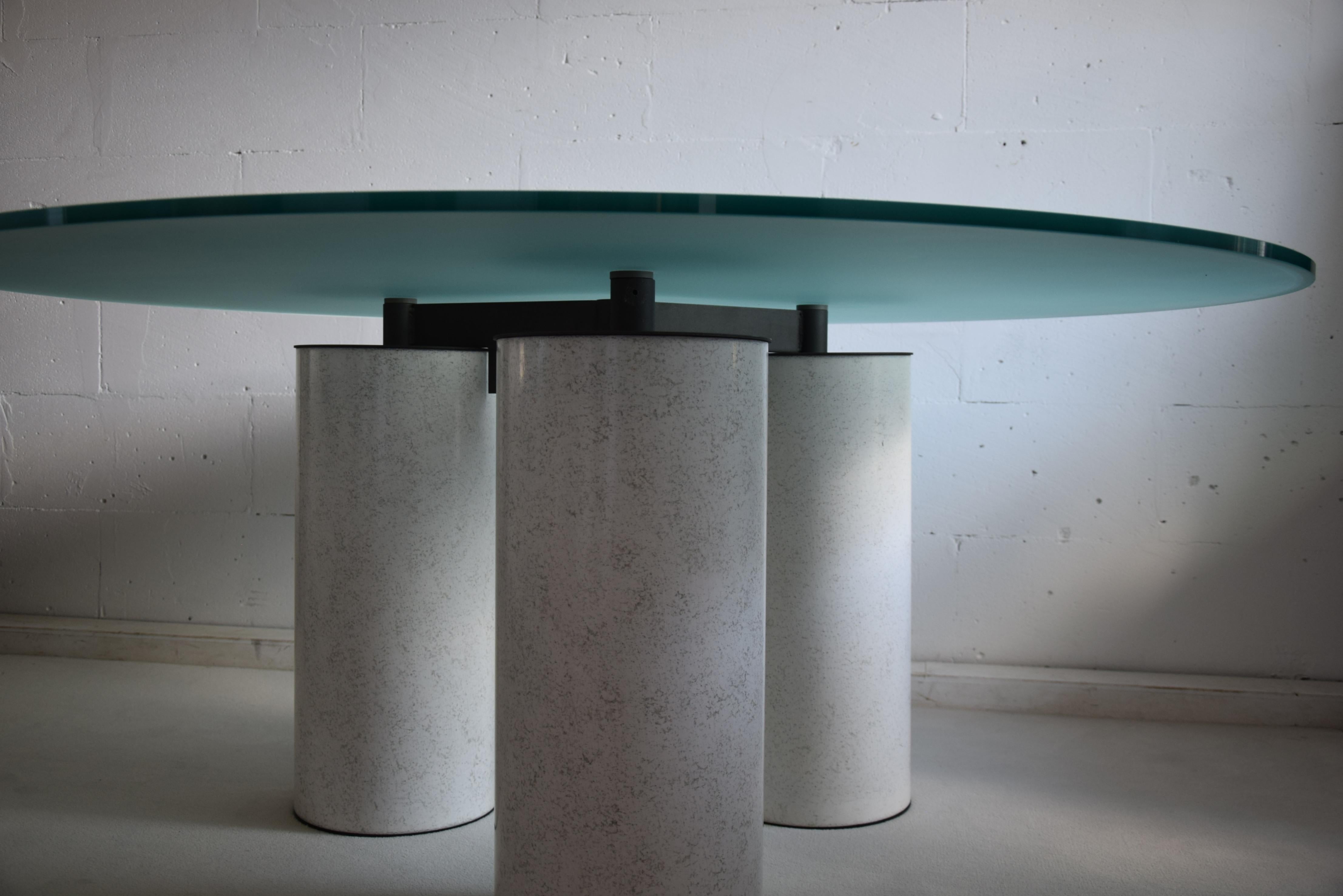 Metal Postmodern Italian Round Glass Top Dining Table by Lella and Massimo Vignelli