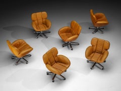 Postmodern Italian Set of Six Conference Chairs in Cognac Leather and Aluminum