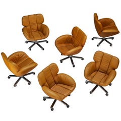 Postmodern Italian Set of Six Conference Chairs in Cognac Leather and Aluminum