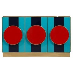 Postmodern Italian Sideboard Colored Glass and Brass