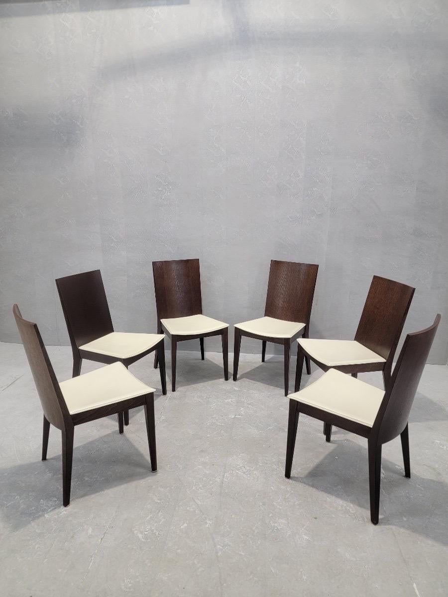Postmoderne Chaises de salle à manger italiennes postmodernes en noyer et cuir par Calligaris - Lot de 6 en vente