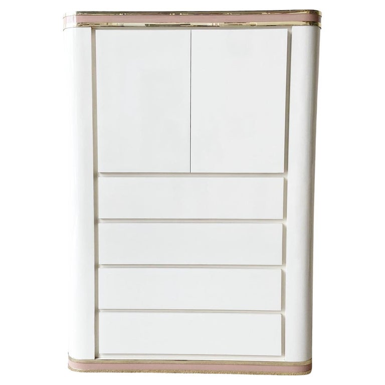 Postmodern Ivory Lacquer Laminate Highboy Dresser with Pink and Gold Trim For Sale at 1stDibs Postmodern Ivory Lacquer Laminate Highboy Dresser with Pink and Gold Trim For Sale at 1stDibs