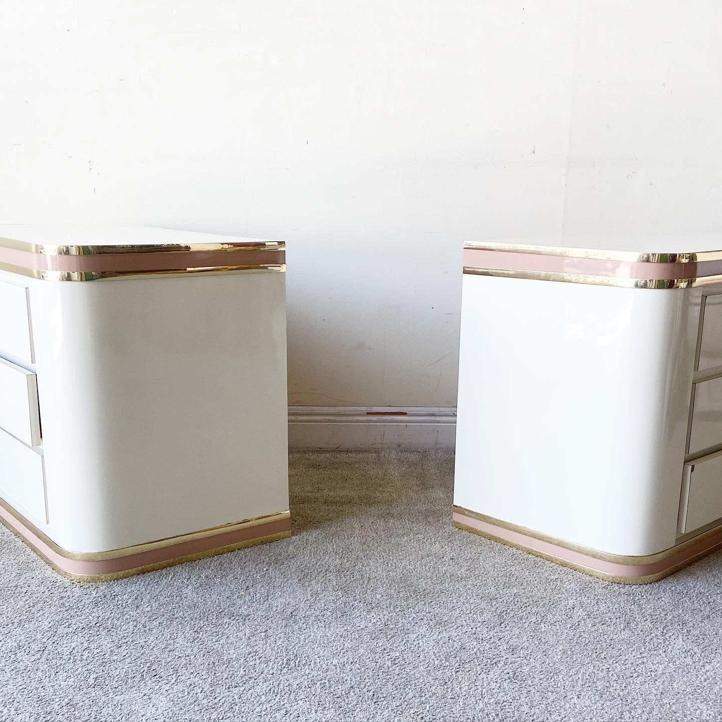 Late 20th Century Postmodern Ivory Lacquer Laminate Nightstands with Gold and Pink Trim - a Pair