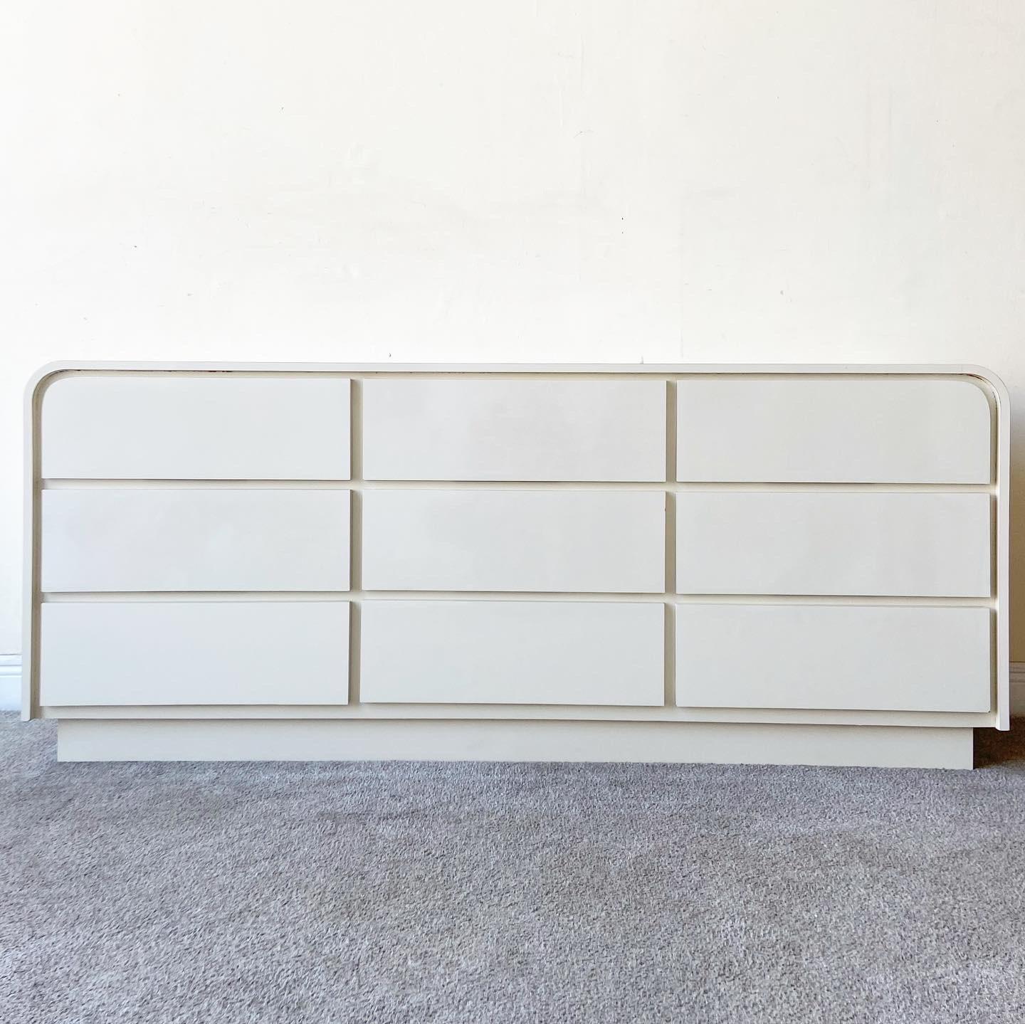 Post-Modern Postmodern Ivory Lacquer Laminate Waterfall Dresser, 9 Drawers