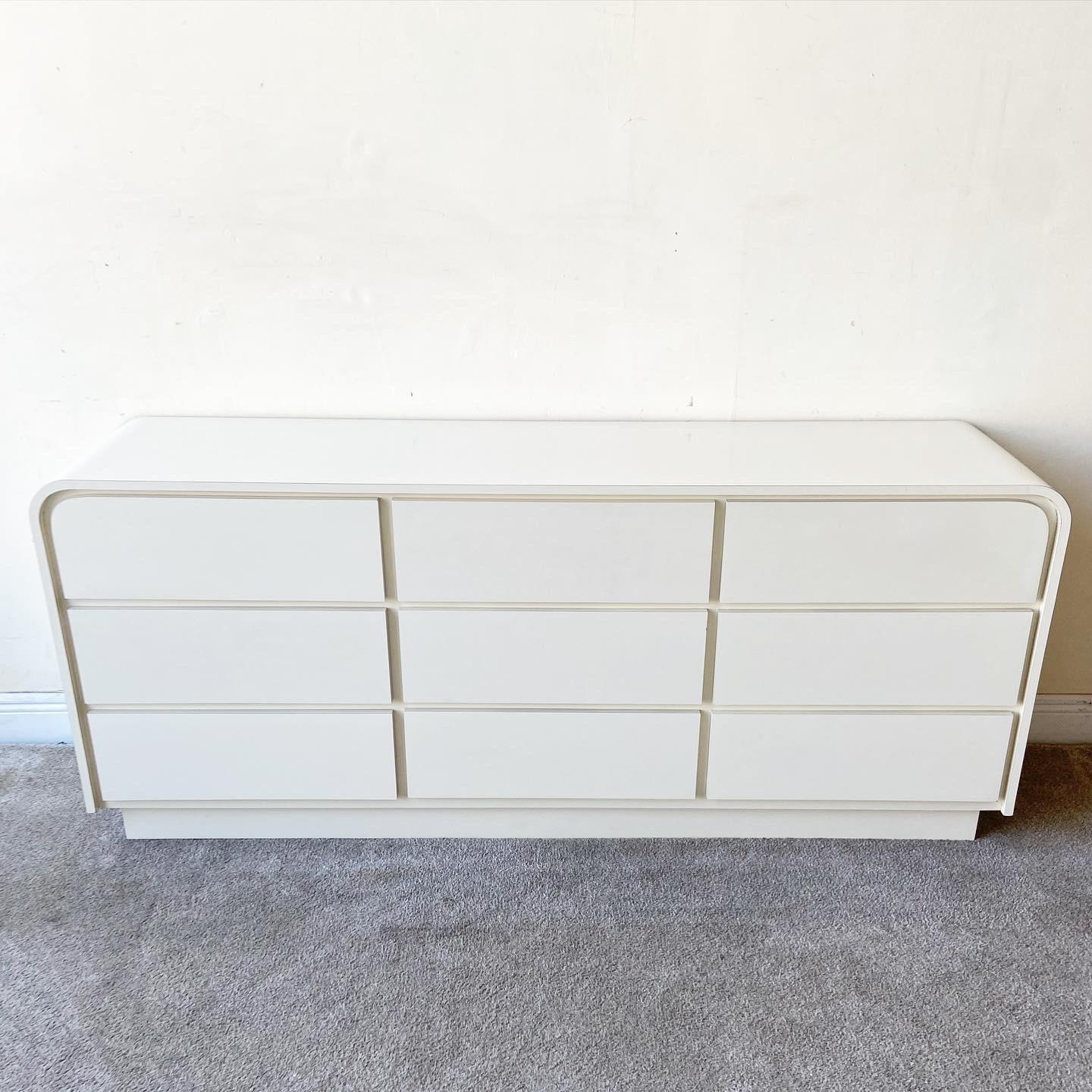 Postmodern Ivory Lacquer Laminate Waterfall Dresser, 9 Drawers 1
