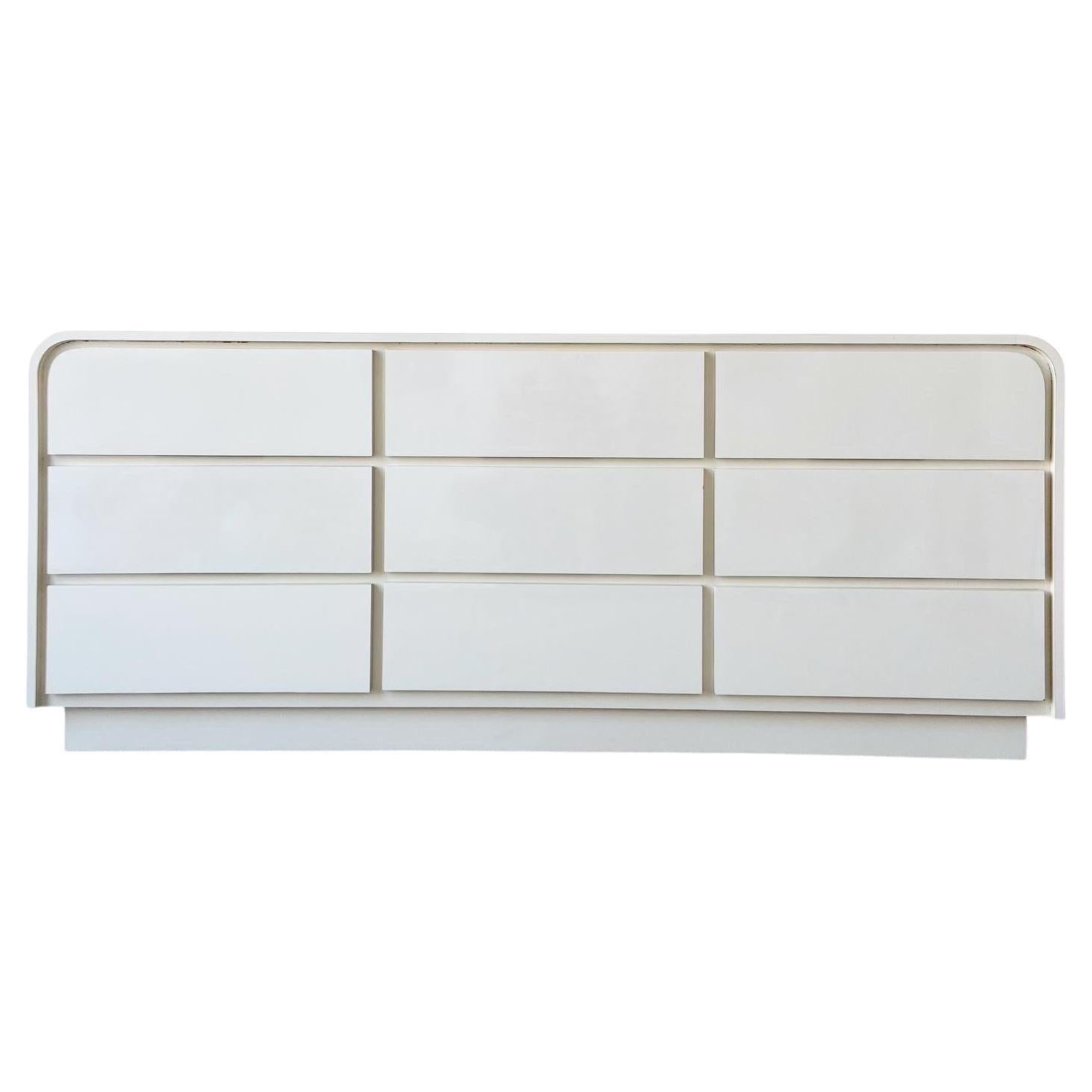 Postmodern Ivory Lacquer Laminate Waterfall Dresser, 9 Drawers