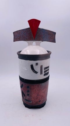 Postmodern Japanese Raku Pottery Vase with Lid Ikebana Style