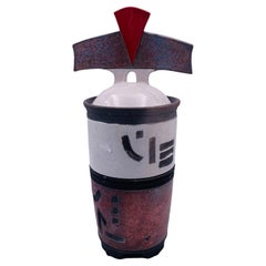 Postmodern Japanese Raku Pottery Vase with Lid Ikebana Style