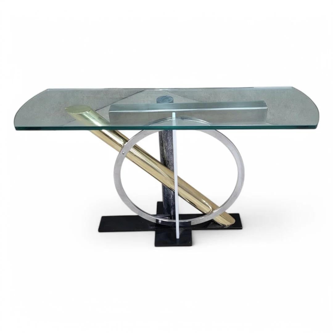 Modern Kaizo Oto for Design Institute America Glass Top Console Table

Modern, multi-metal architectural console table with glass top by DIA. This 