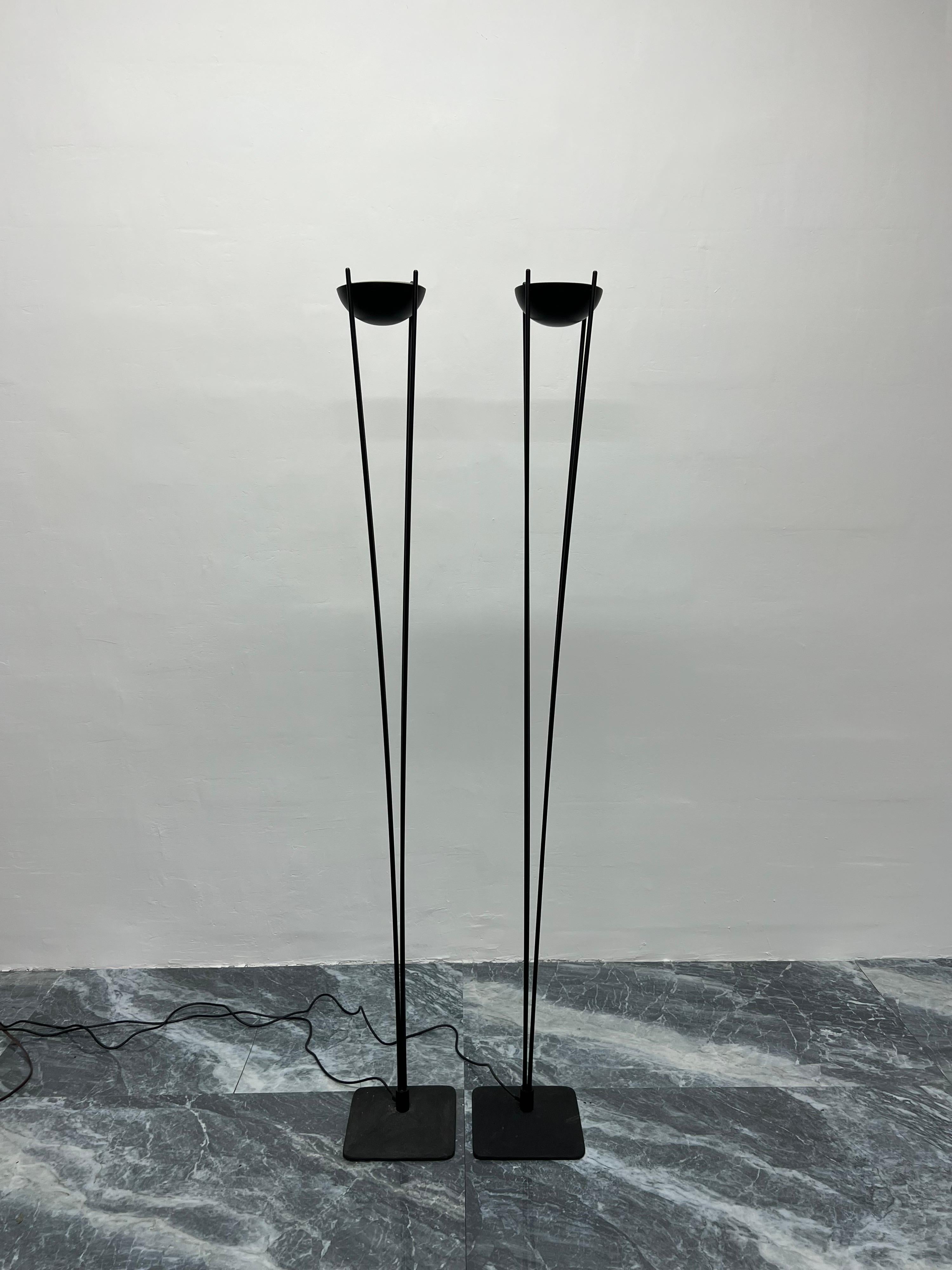 American Postmodern Koch & Lowy Matte Black Torchiere Floor Lamps, 1980s, a Pair For Sale