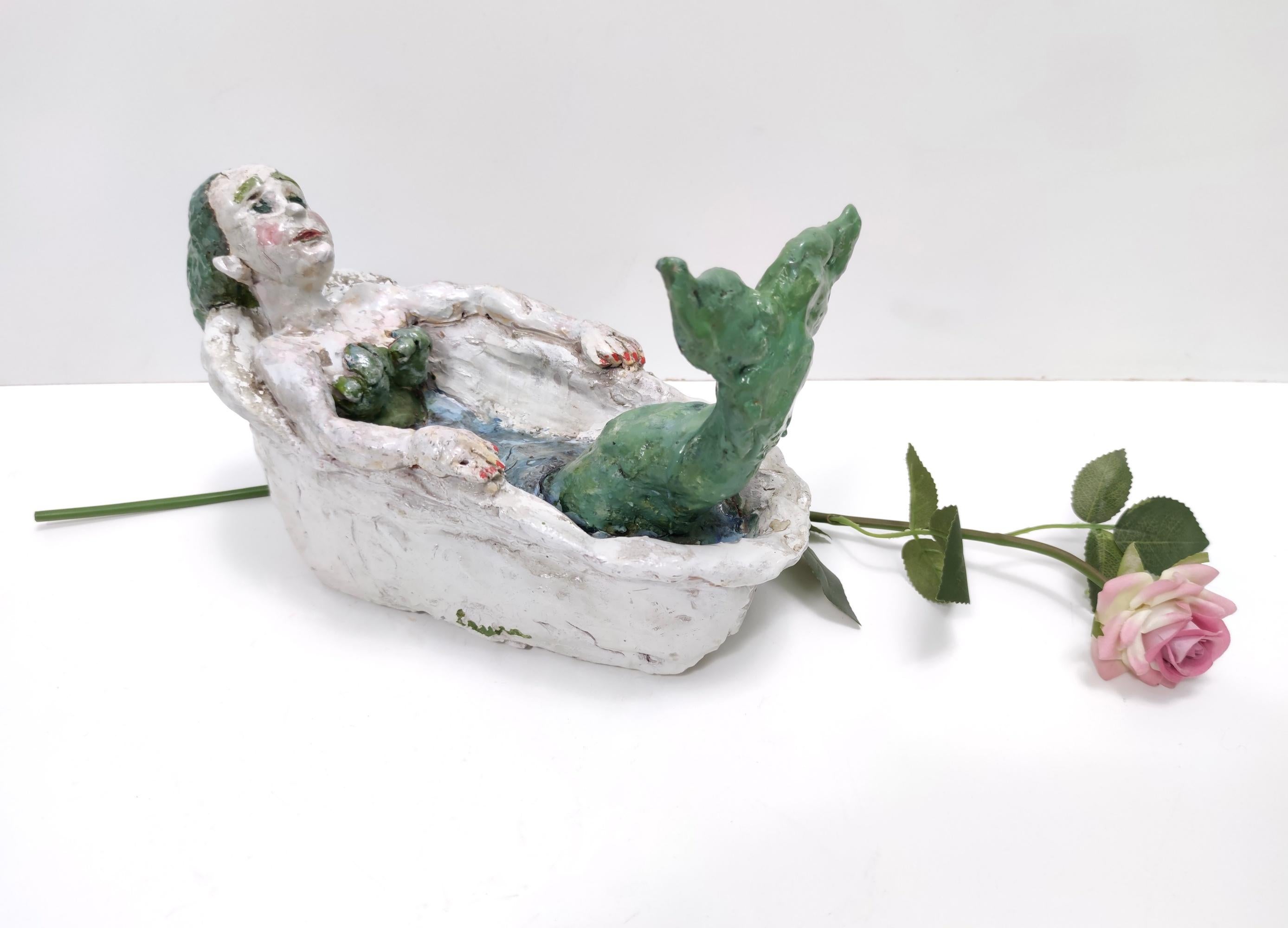 Postmodern Lacquered Earthware Decorative Item of a Mermaid In a Bathtub, Italy For Sale 4