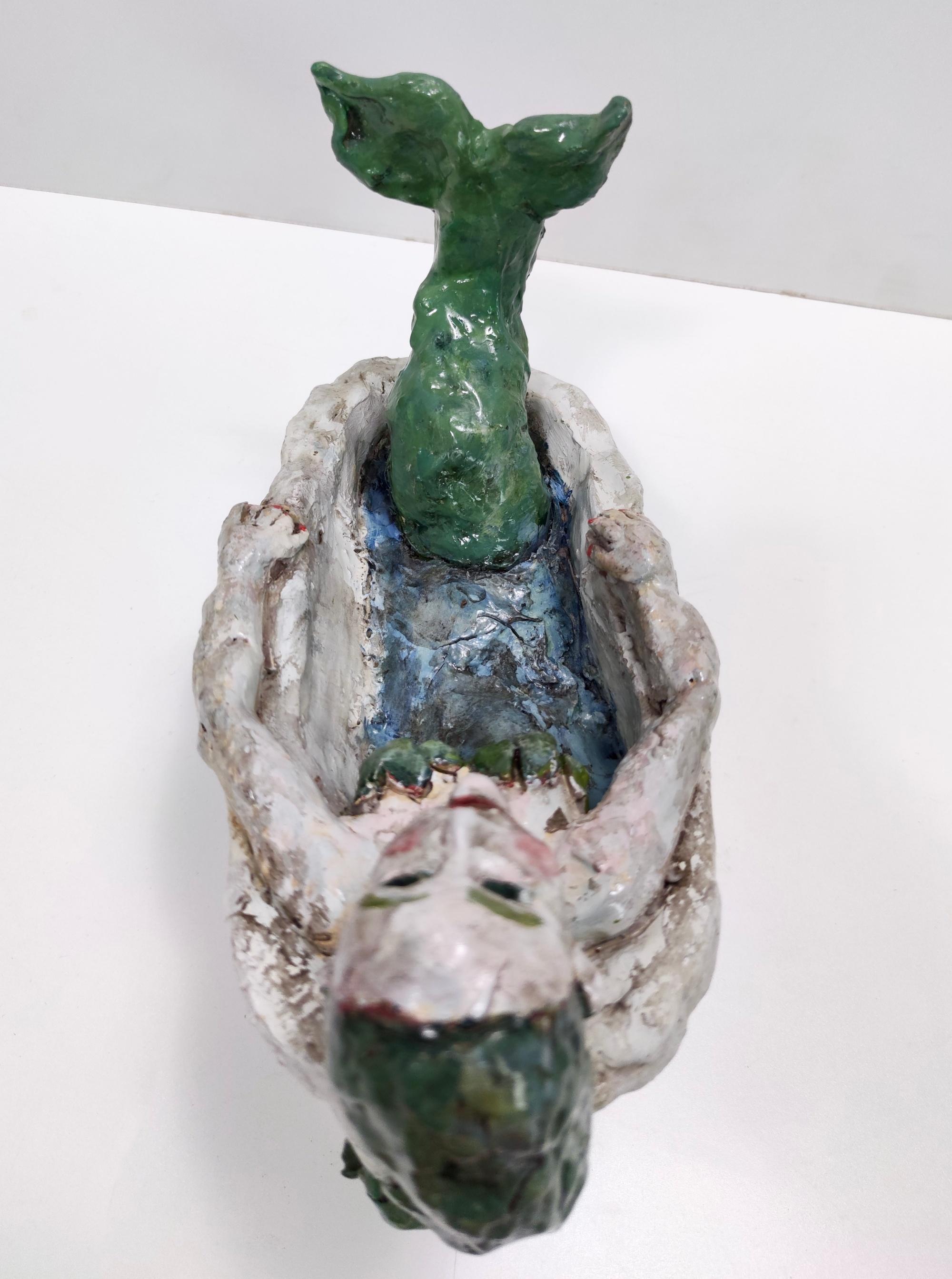 Postmodern Lacquered Earthware Decorative Item of a Mermaid In a Bathtub, Italy For Sale 7