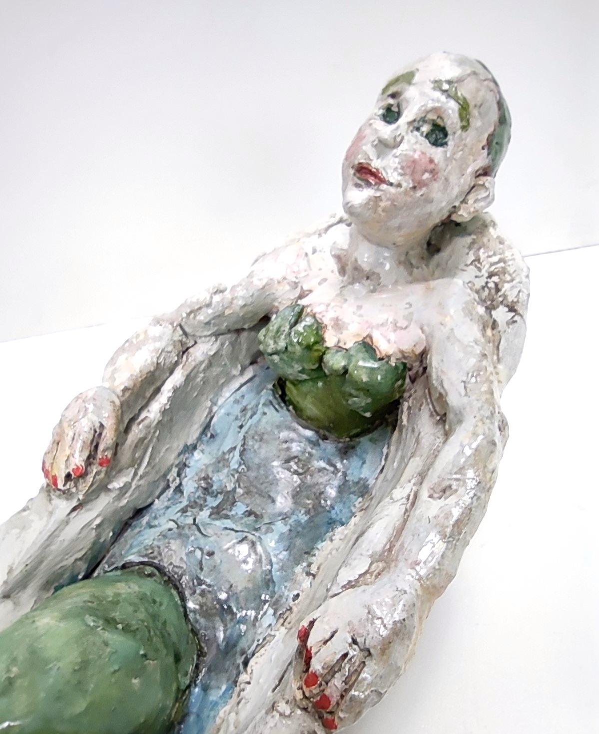Late 20th Century Postmodern Lacquered Earthware Decorative Item of a Mermaid In a Bathtub, Italy For Sale
