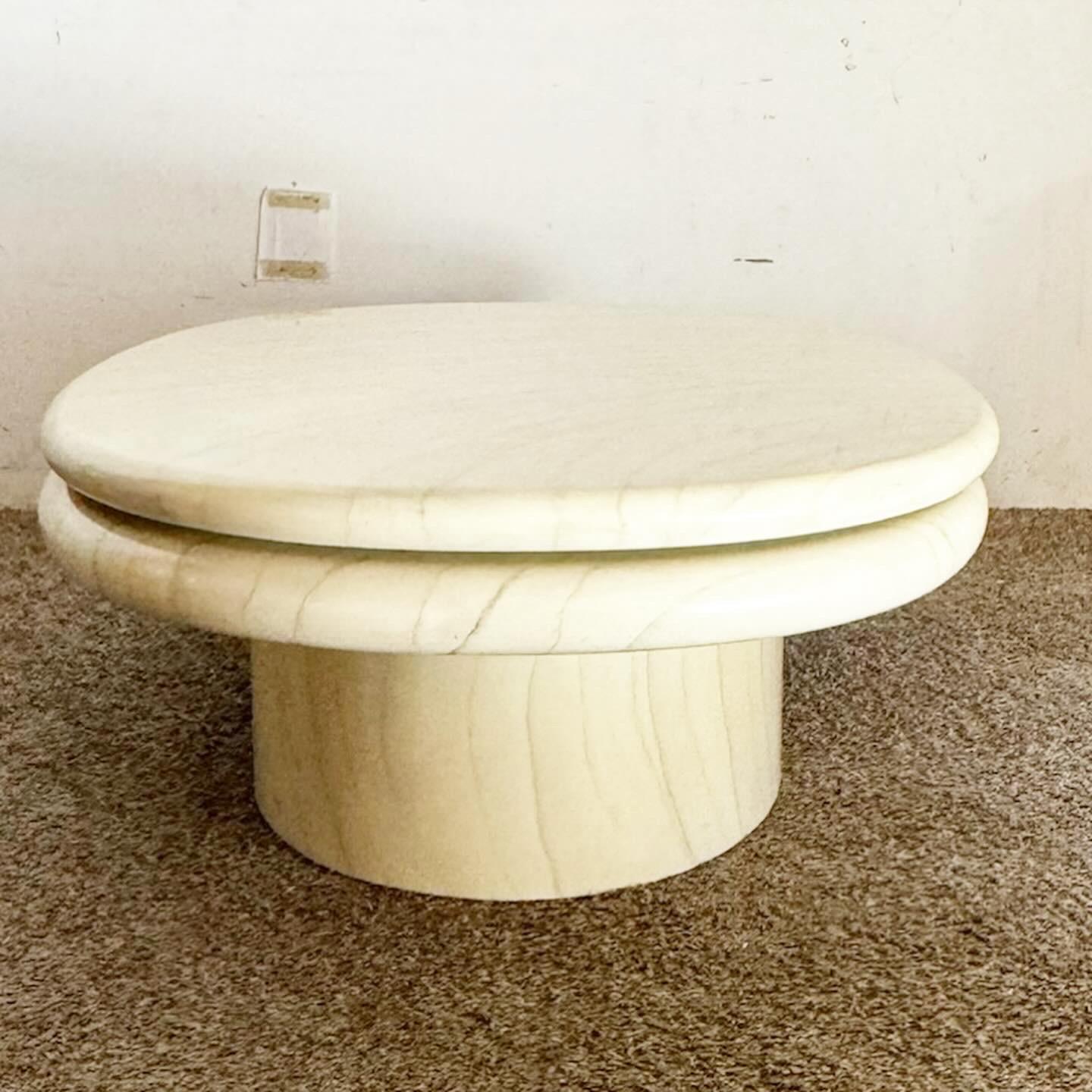 Wood Postmodern Lacquered Faux Stone Swivel Top Oval Coffee Table For Sale