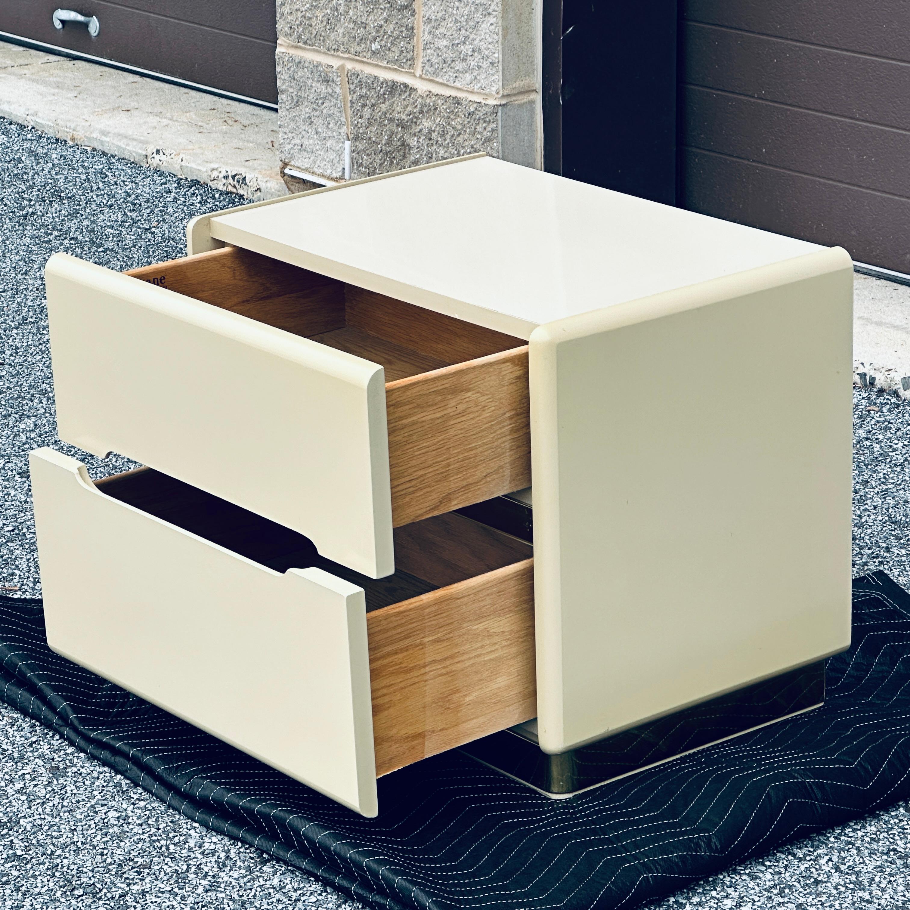 American Postmodern Lane Two Drawer Nightstand in Cream Lacquer and Brass