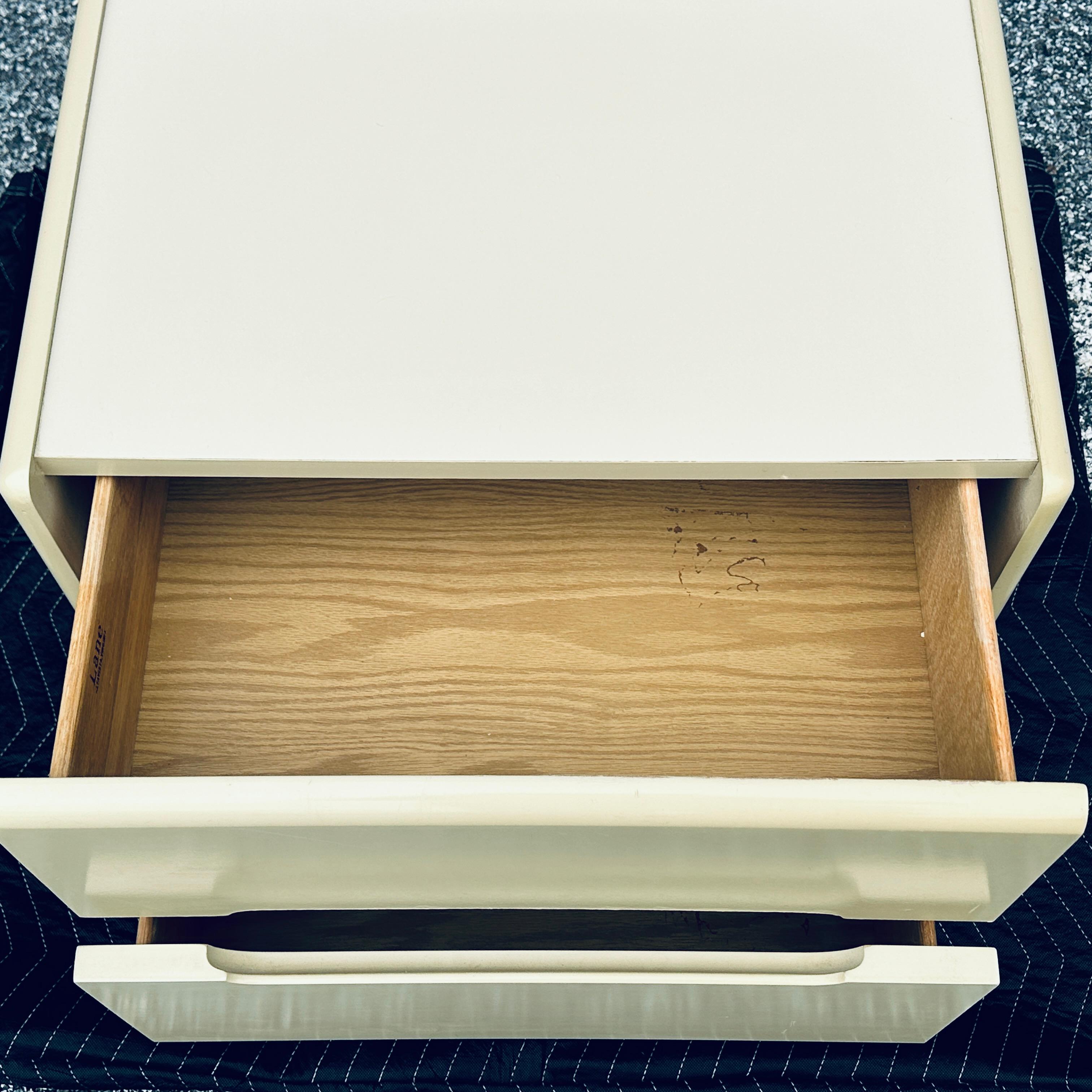 20th Century Postmodern Lane Two Drawer Nightstand in Cream Lacquer and Brass