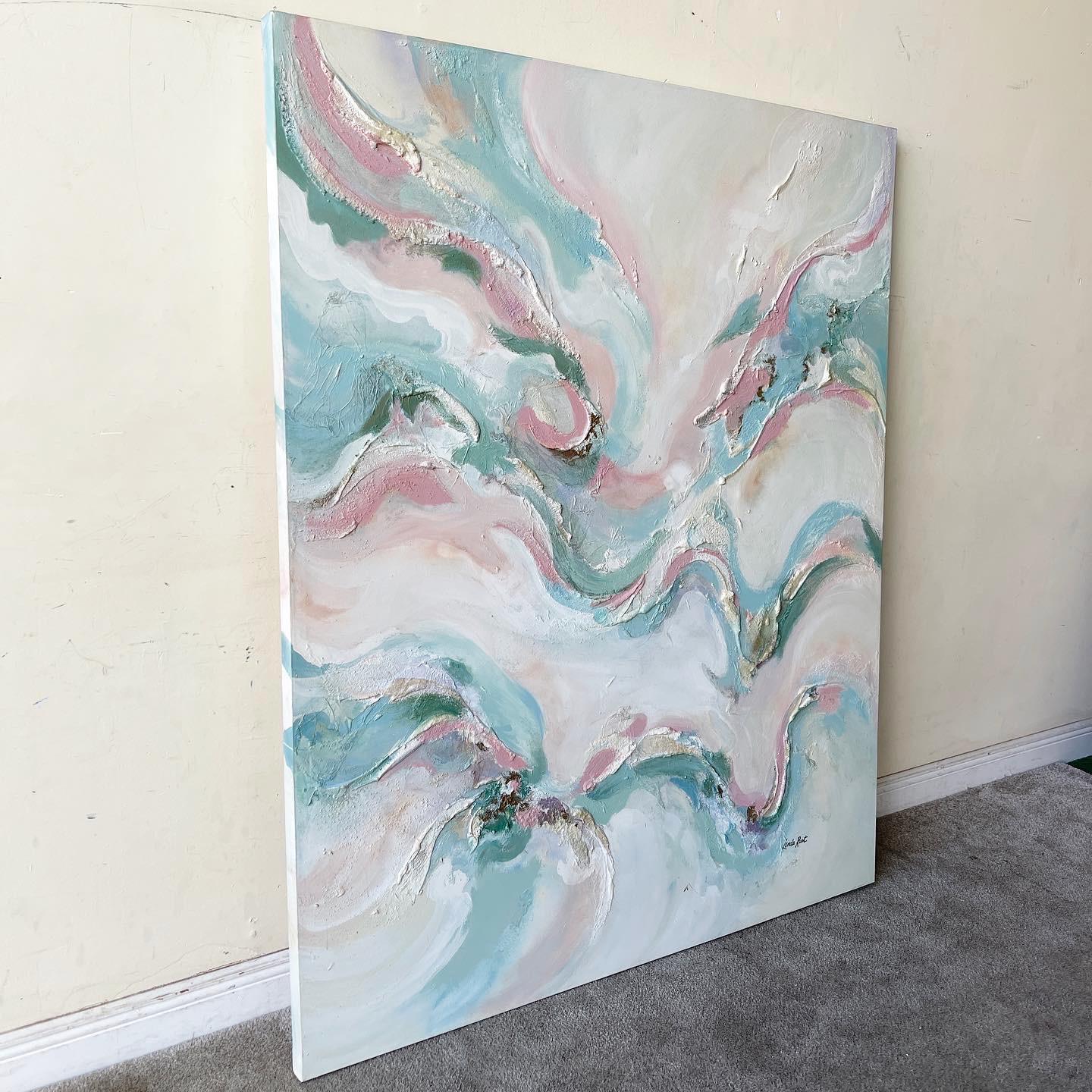 Incredible postmodern abstract oil painting by Linda Rust. Features thick swirls of pink green and white oil paint.

Additional information:
Material: Canvas
Color: Green
Style: Postmodern
Artist: Linda Rust
Time Period: 1980s
Place of origin: