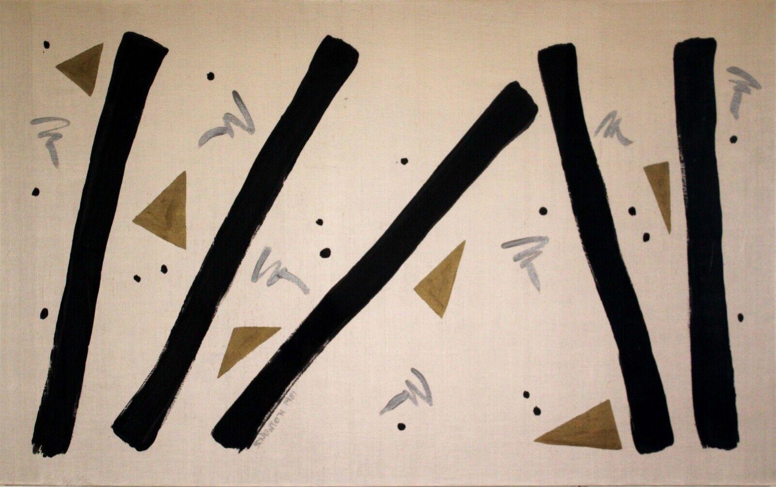 A sophisticated abstract acrylic painting on canvas with bold black lines and silver/gold shapes. This painting is the perfect accent for a postmodern designed space. Signed on the mid bottom left S. Newton and dated 1981. Framed in a vintage plexi