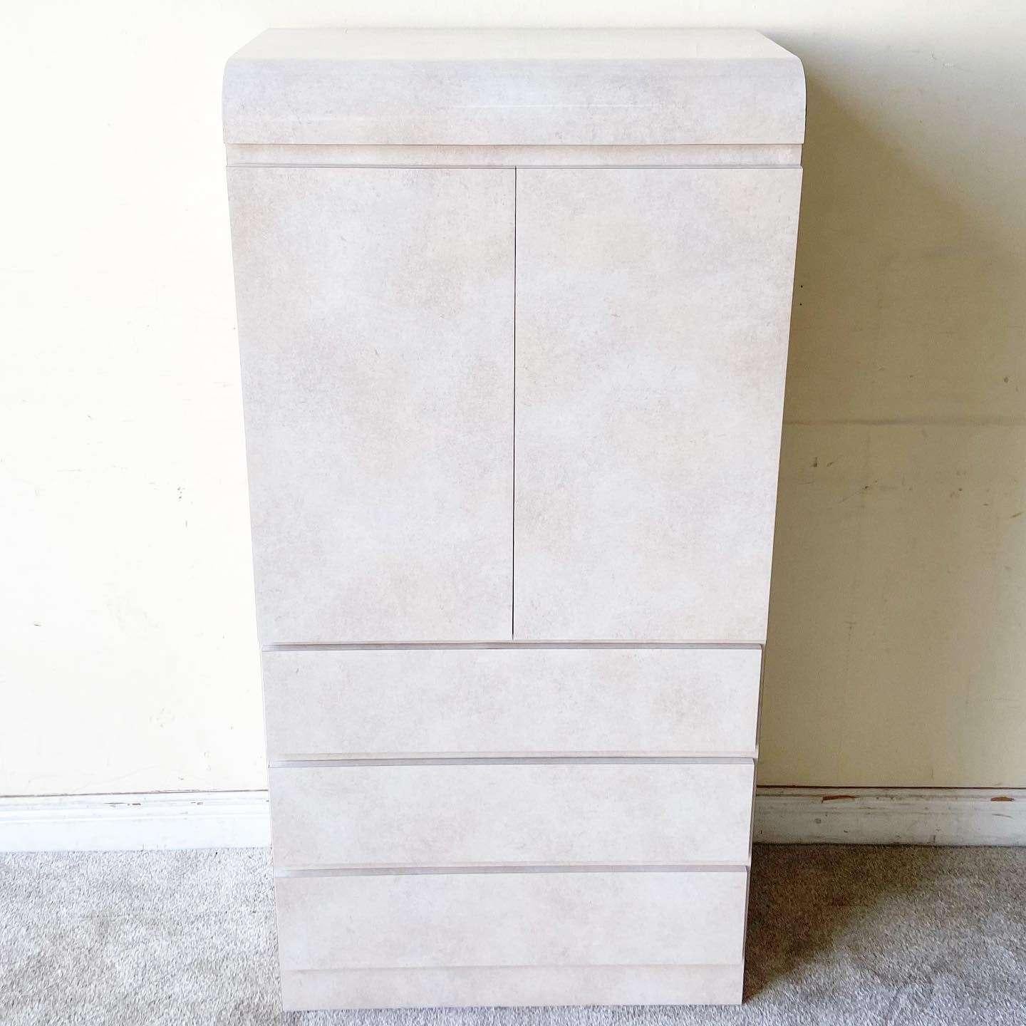 Amazing vintage Postmodern armoire. Features a pink and lavender faux sponge painted laminate with 3 spacious drawers.
 