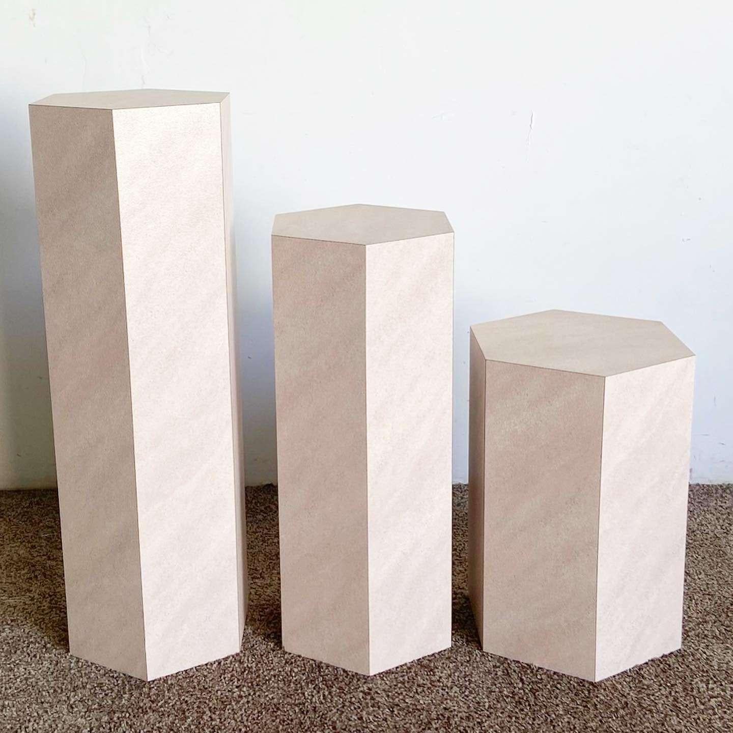 Late 20th Century Postmodern Lavender Textured Laminate Hexagonal Nesting Side Tables/Pedestals For Sale