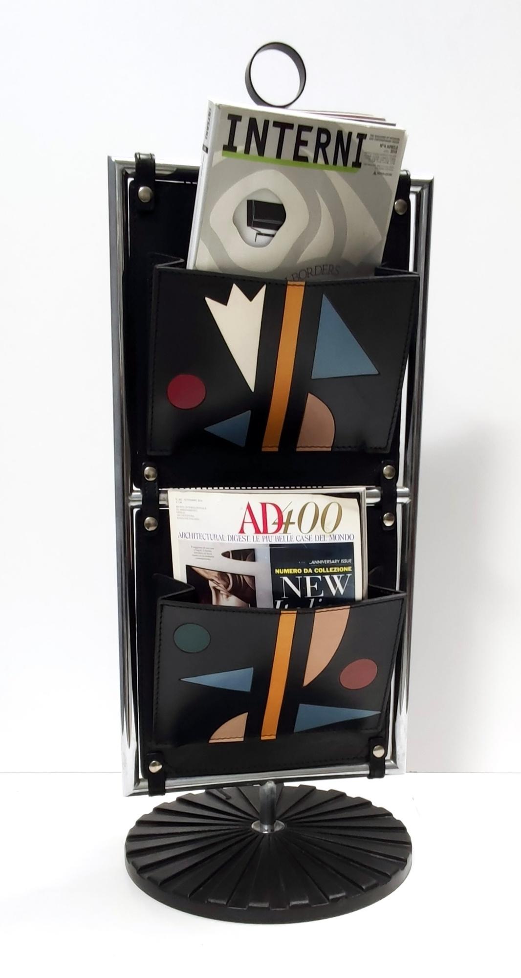 Post-Modern Postmodern Leather and Chrome-Plated Metal Magazine Rack by Salmistraro, Italy For Sale