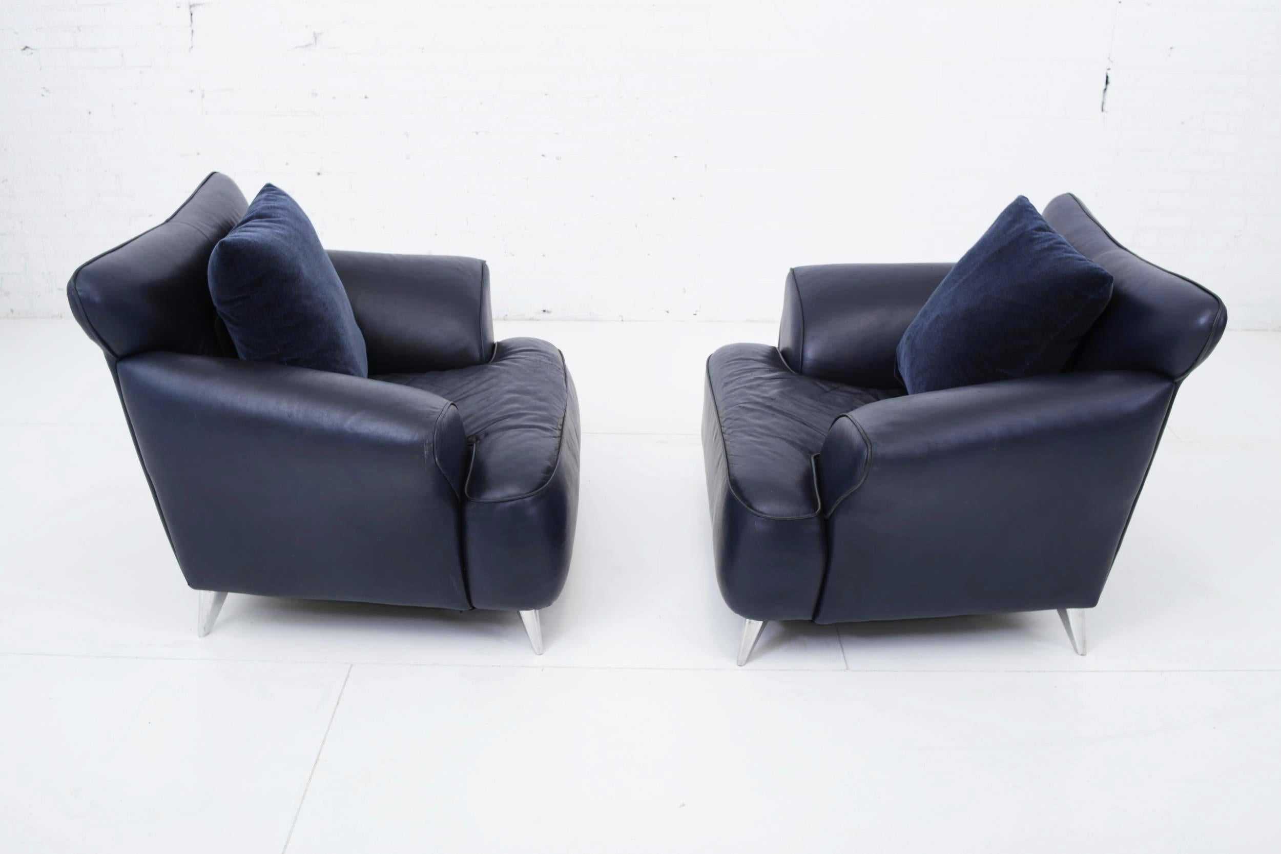 Pair of Postmodern leather and mohair lounge chairs, polished aluminum legs, circa 1988.