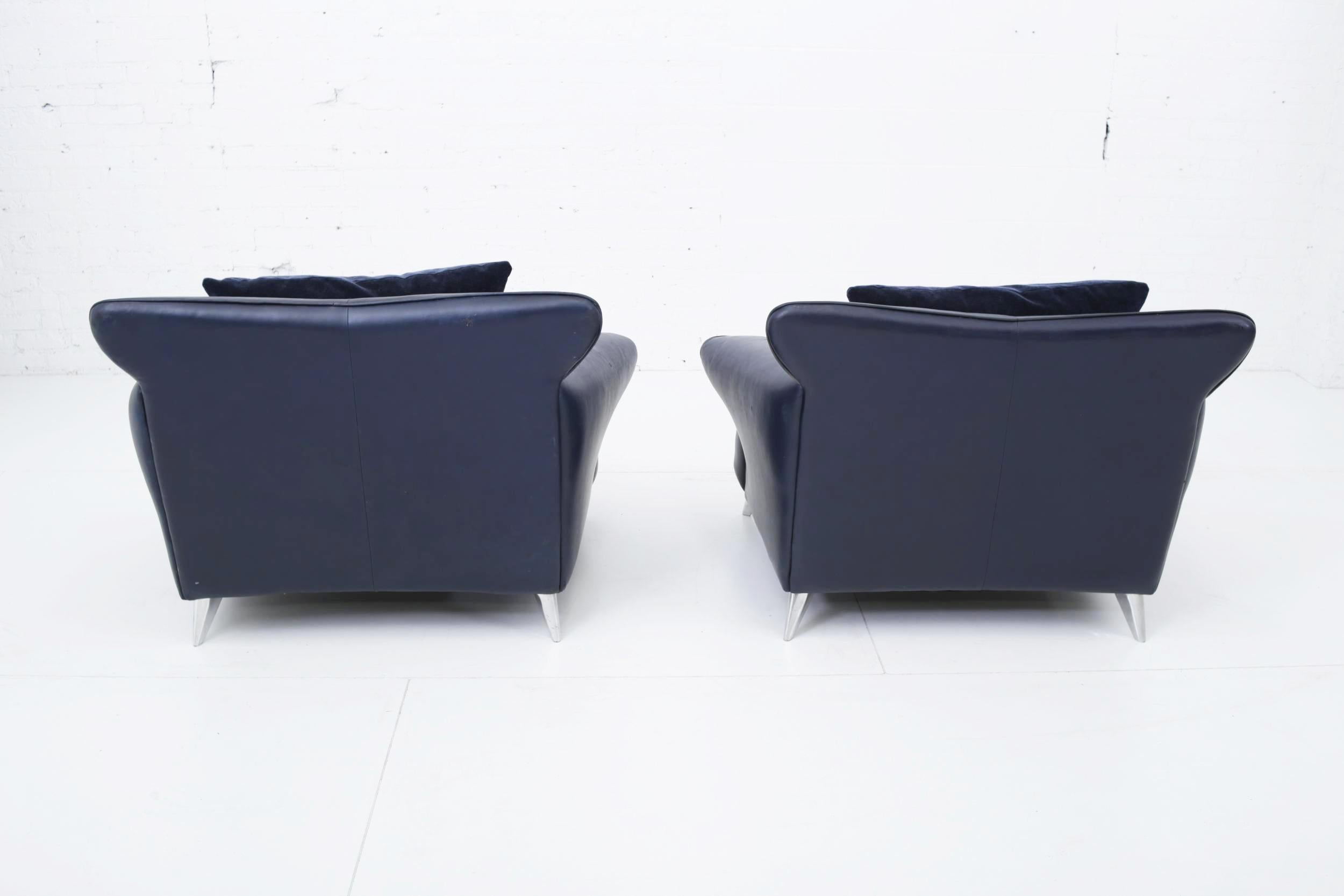 Post-Modern Postmodern Leather and Mohair Lounge Chairs, Polished Aluminum Legs, circa 1988 For Sale