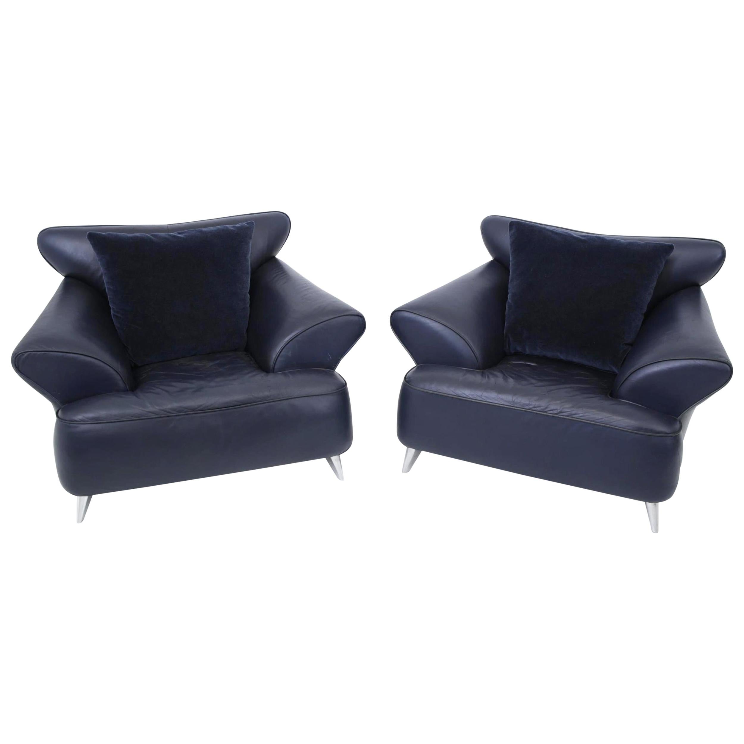 Postmodern Leather and Mohair Lounge Chairs, Polished Aluminum Legs, circa 1988 For Sale