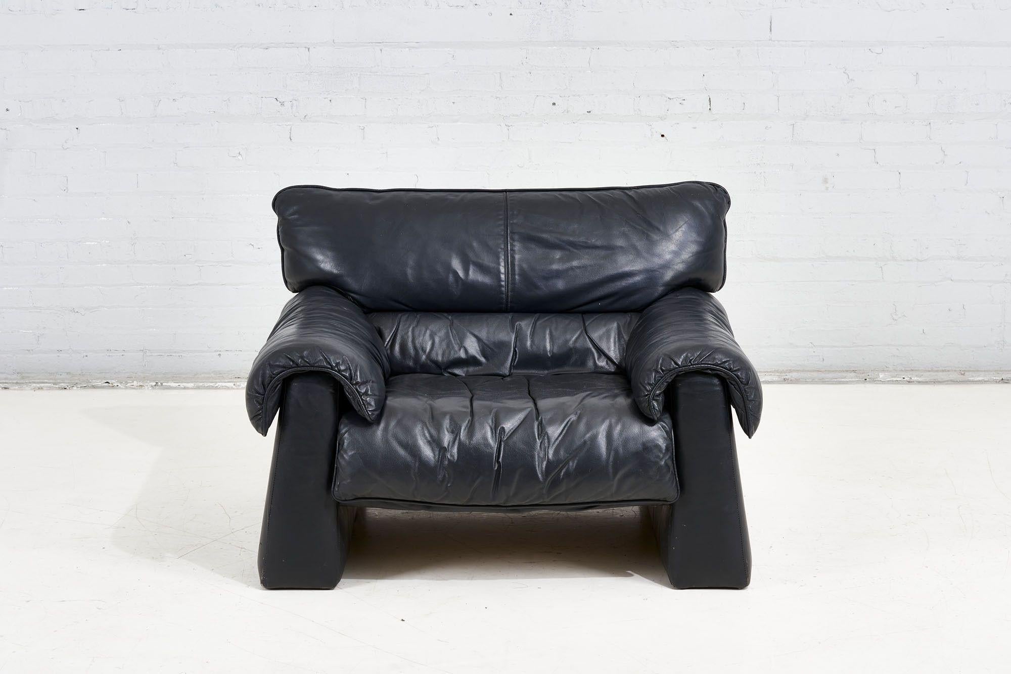 Post modern midnight blue leather lounge chair, 1970. Original leather.