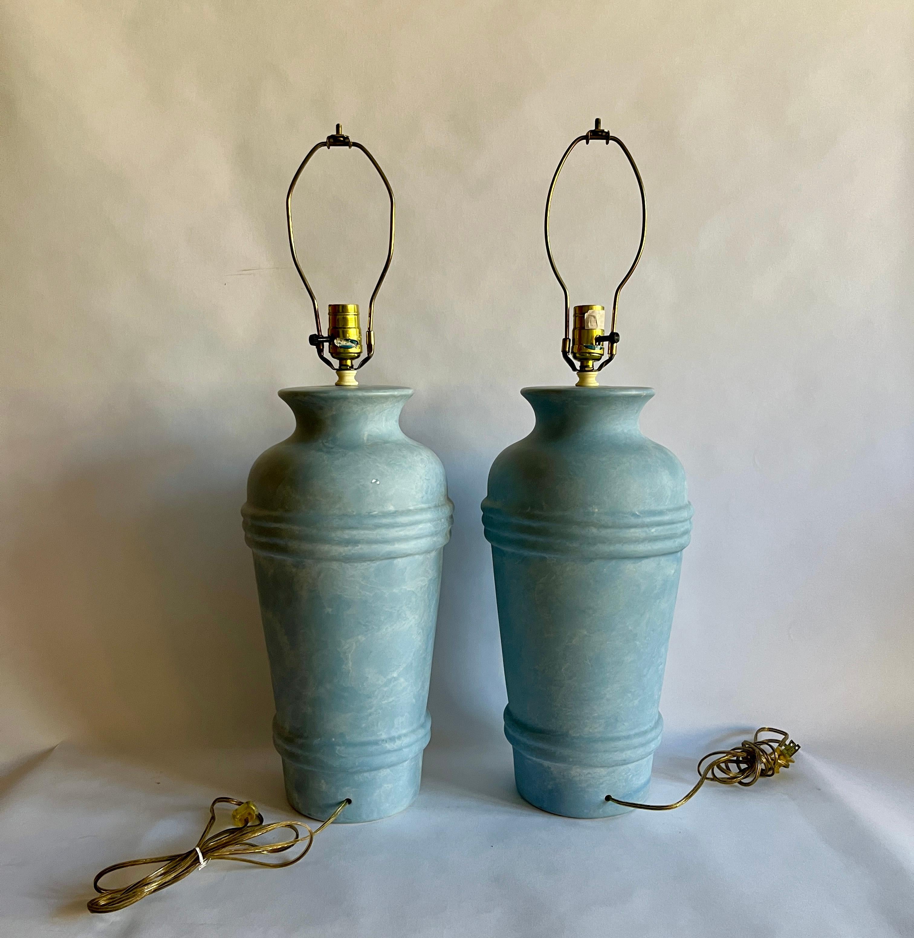 American Postmodern Light Blue Ceramic Urn Lamps, Regal China, A Pair For Sale
