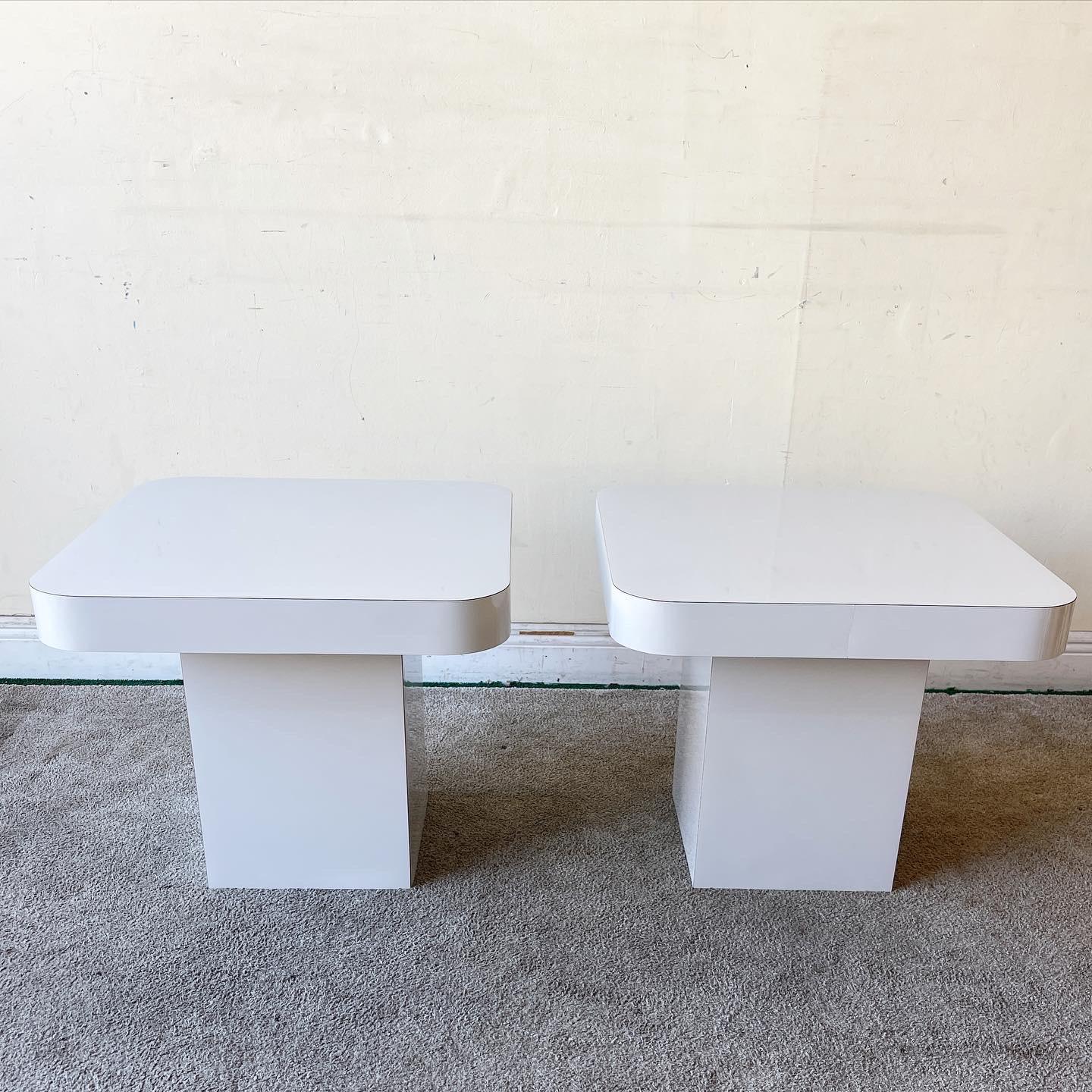 Wood Postmodern Light Gray Lacquer Laminate Mushroom Side Tables - a Pair For Sale