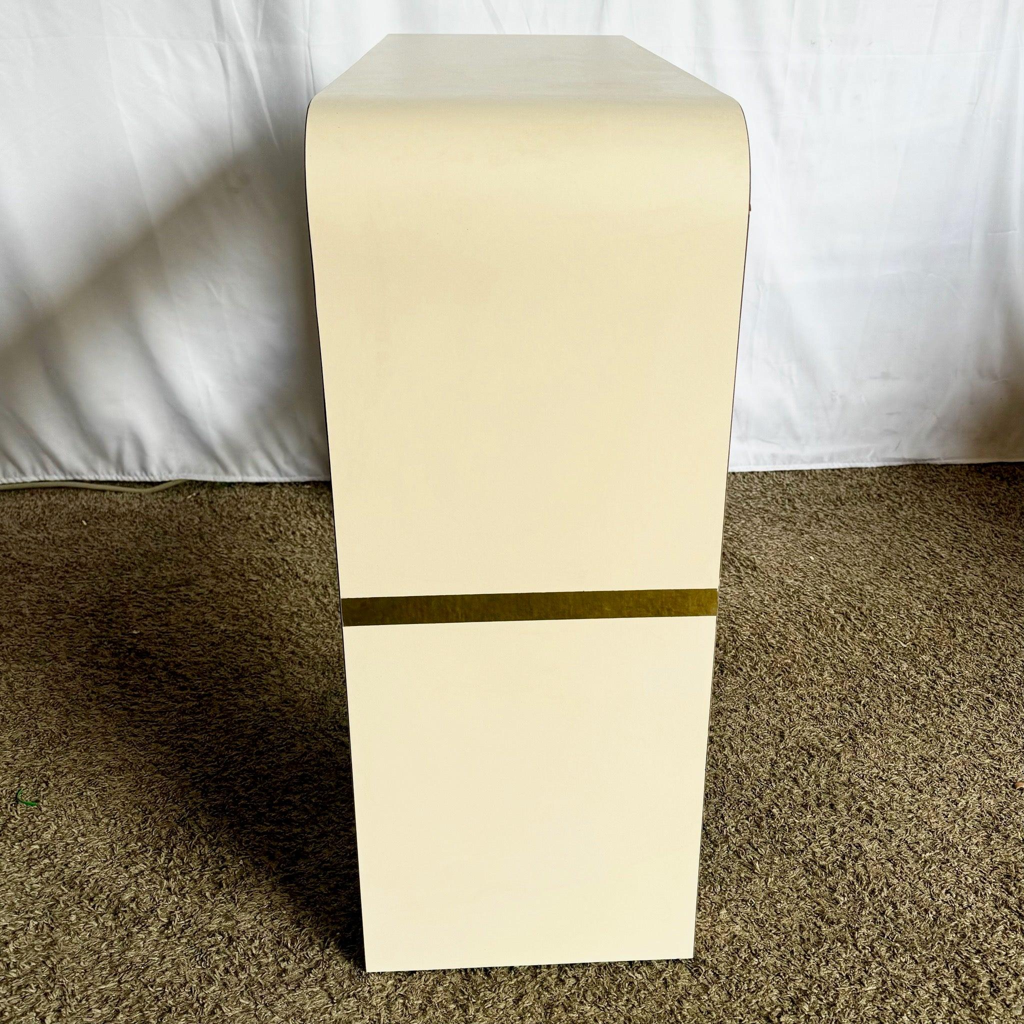 American Postmodern Light Pink Laminate Waterfall Console With Adjustable Shelf For Sale