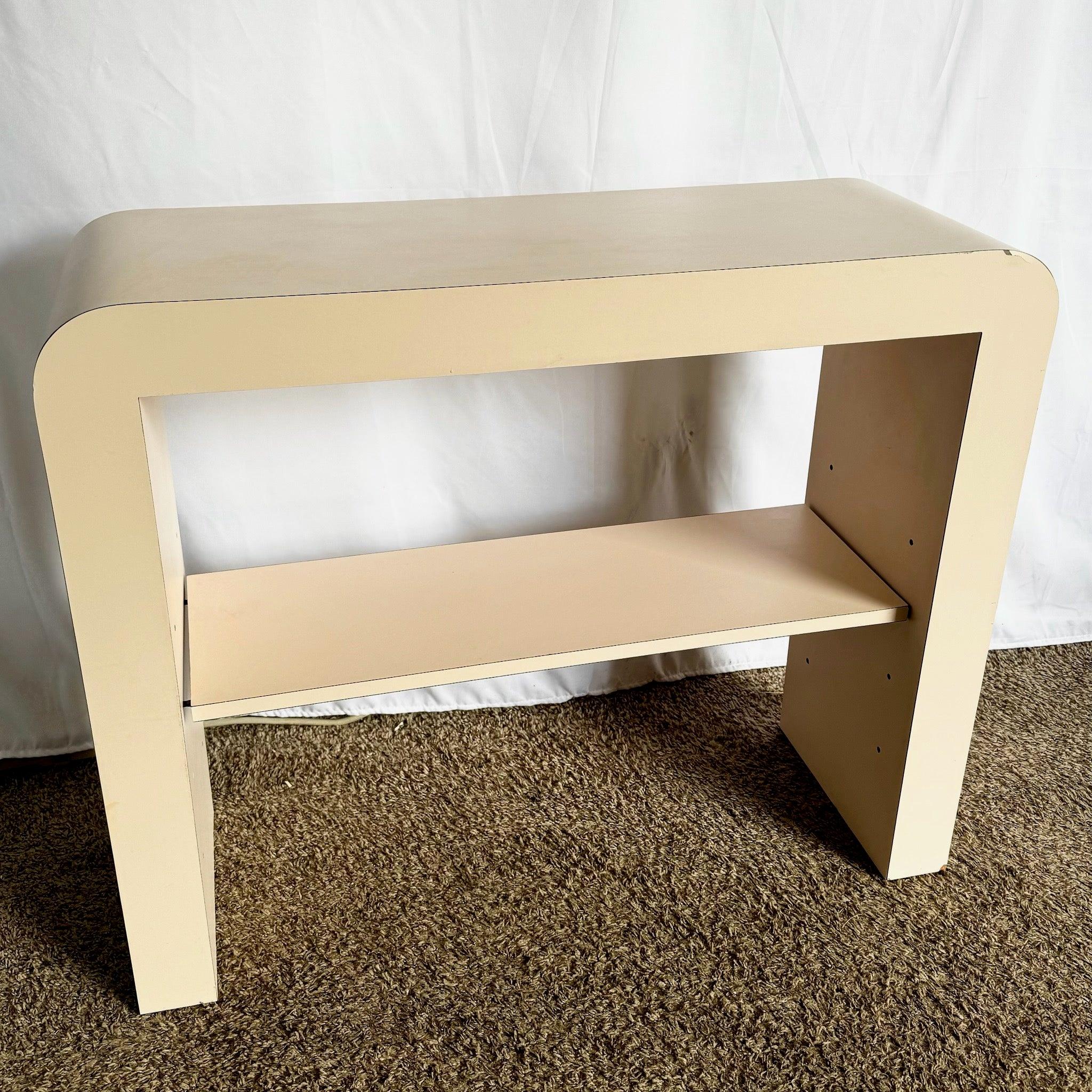 Wood Postmodern Light Pink Laminate Waterfall Console With Adjustable Shelf For Sale