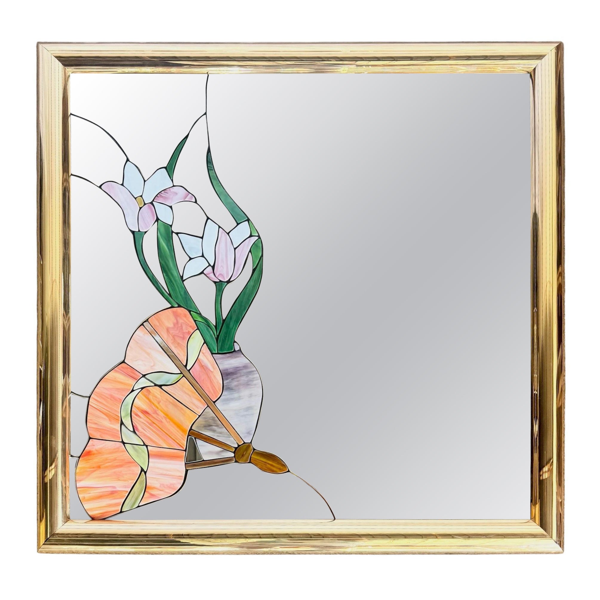 Postmodern Lily Flower Stained Glass Gold Frame Wall Mirror For Sale