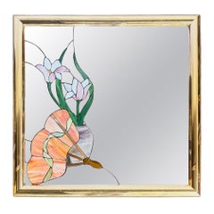 Postmodern Lily Flower Stained Glass Gold Frame Wall Mirror