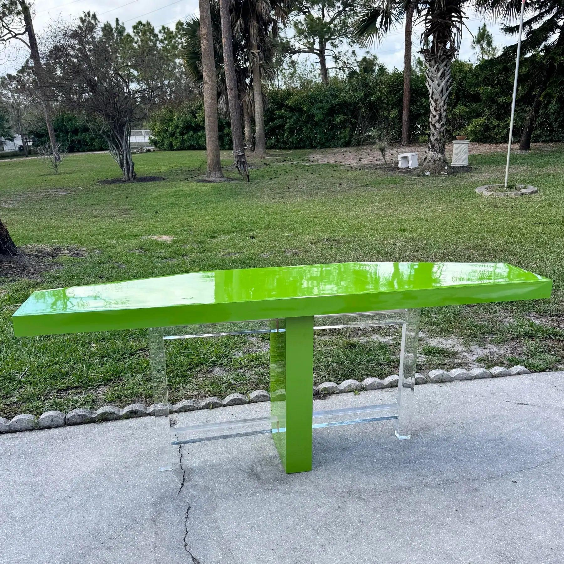 Postmodern Lime Green Lacquer Laminate and Lucite Console Table For ...
