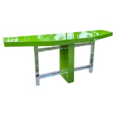 Postmodern Lime Green Lacquer Laminate and Lucite Console Table