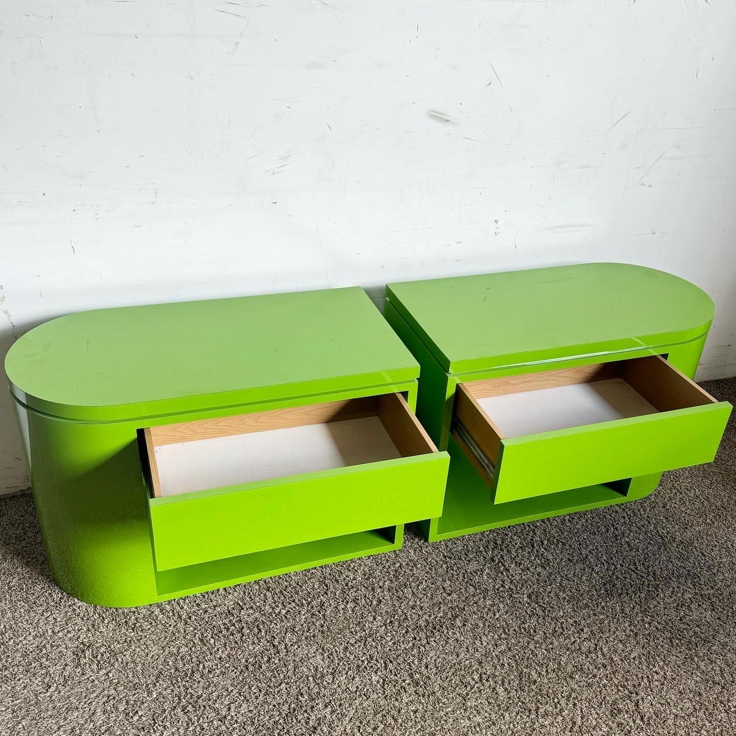 Late 20th Century Postmodern Lime Green Lacquer Laminate End Tables/Nightstands - a Pair For Sale