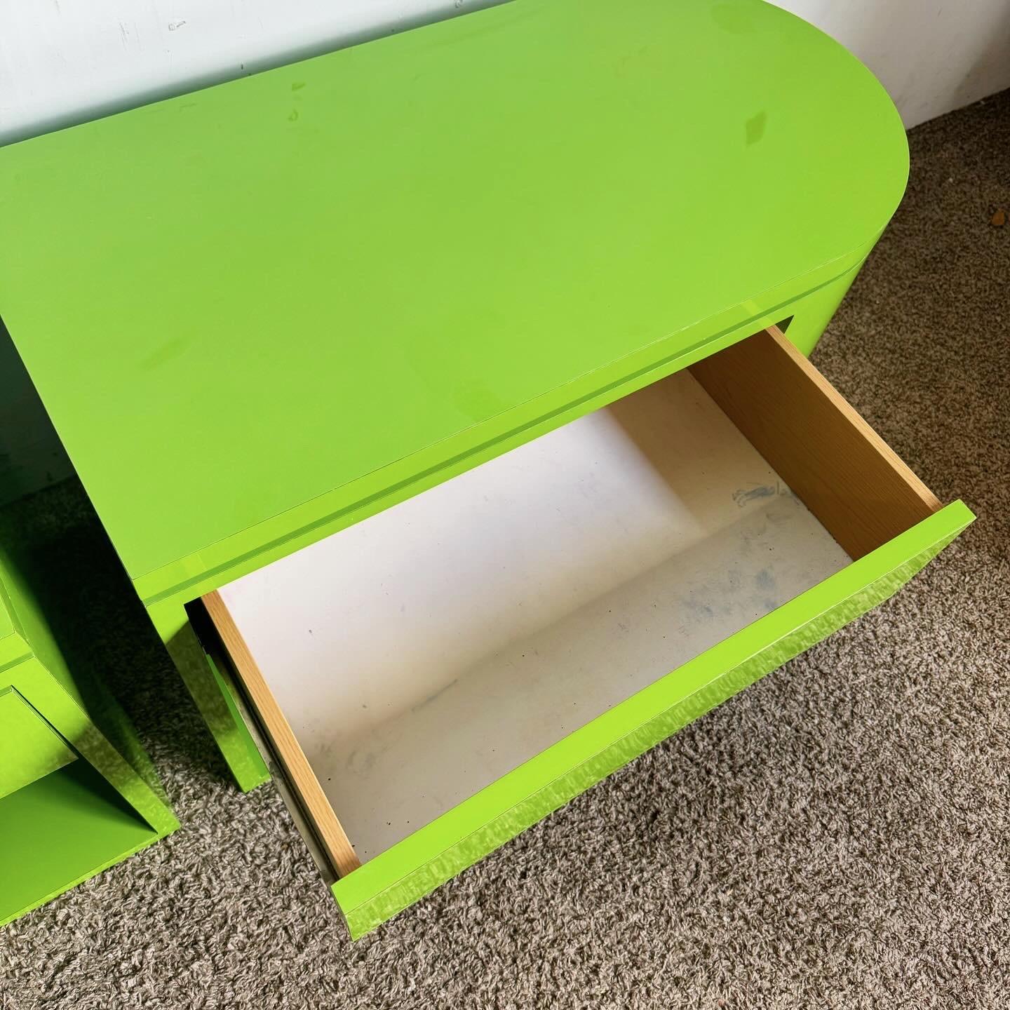 Wood Postmodern Lime Green Lacquer Laminate End Tables/Nightstands - a Pair For Sale