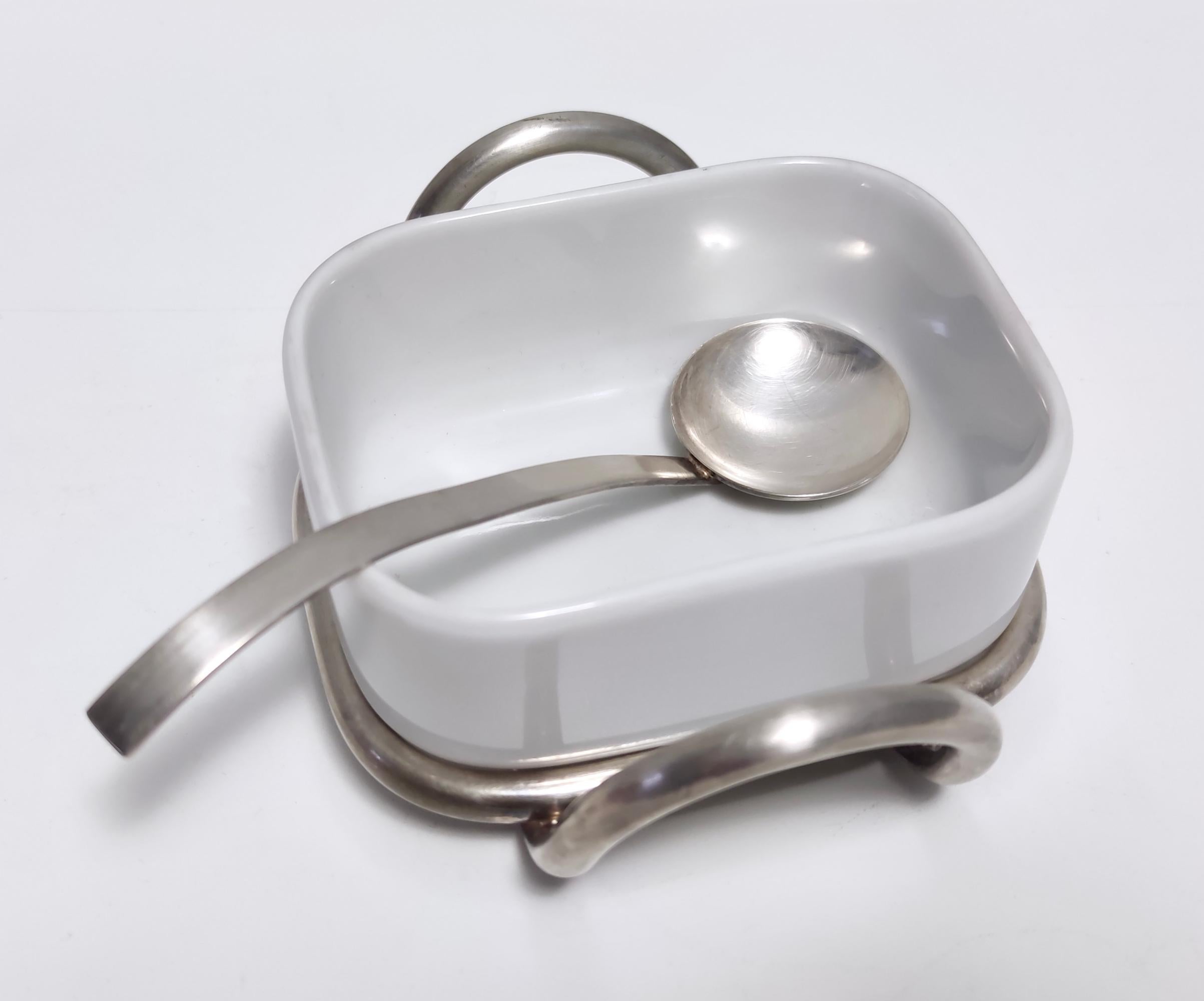 Italian Postmodern Lino Sabattini Silver-Plated and Ceramic Cheese Bowl with Spoon