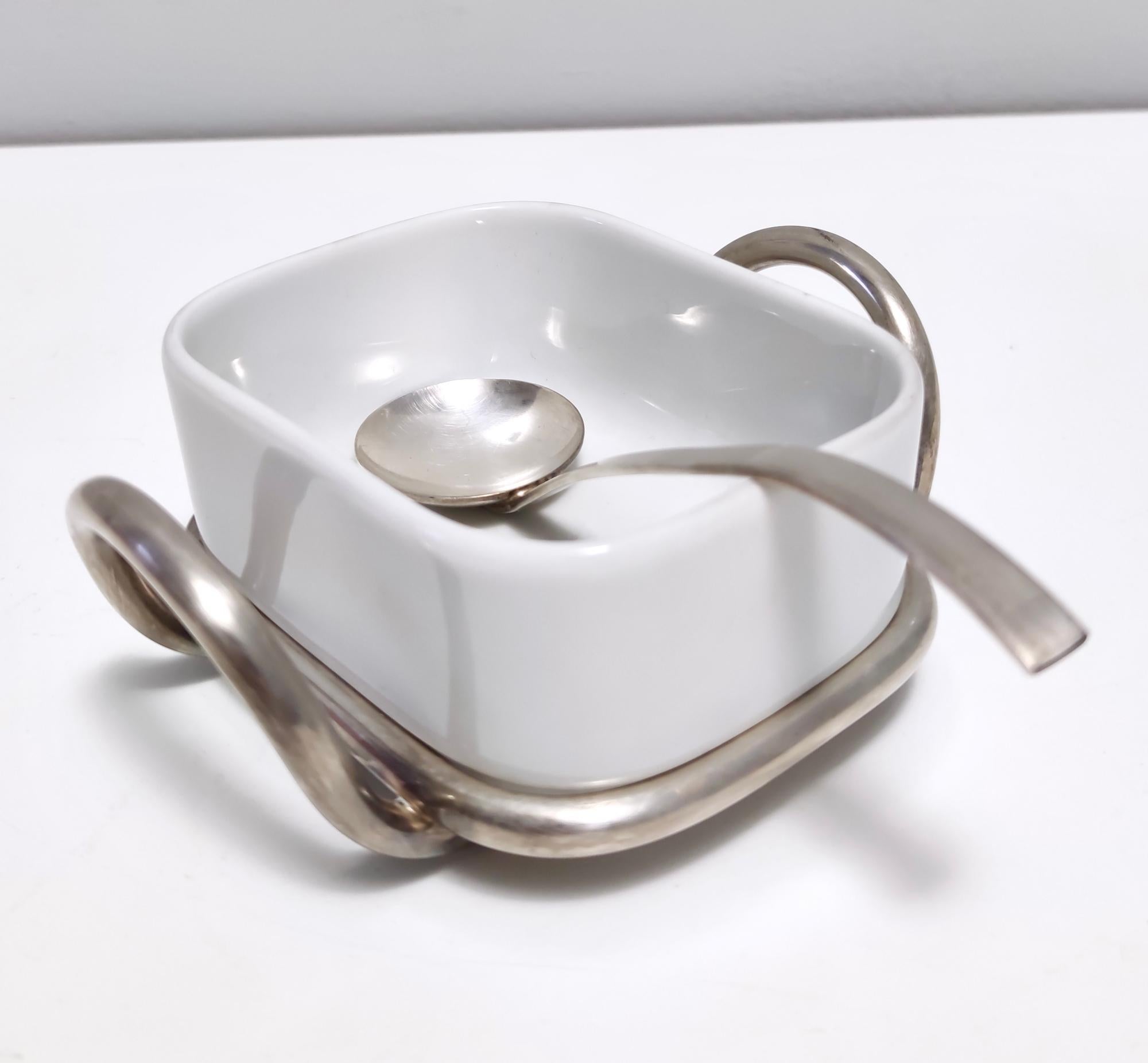 Late 20th Century Postmodern Lino Sabattini Silver-Plated and Ceramic Cheese Bowl with Spoon