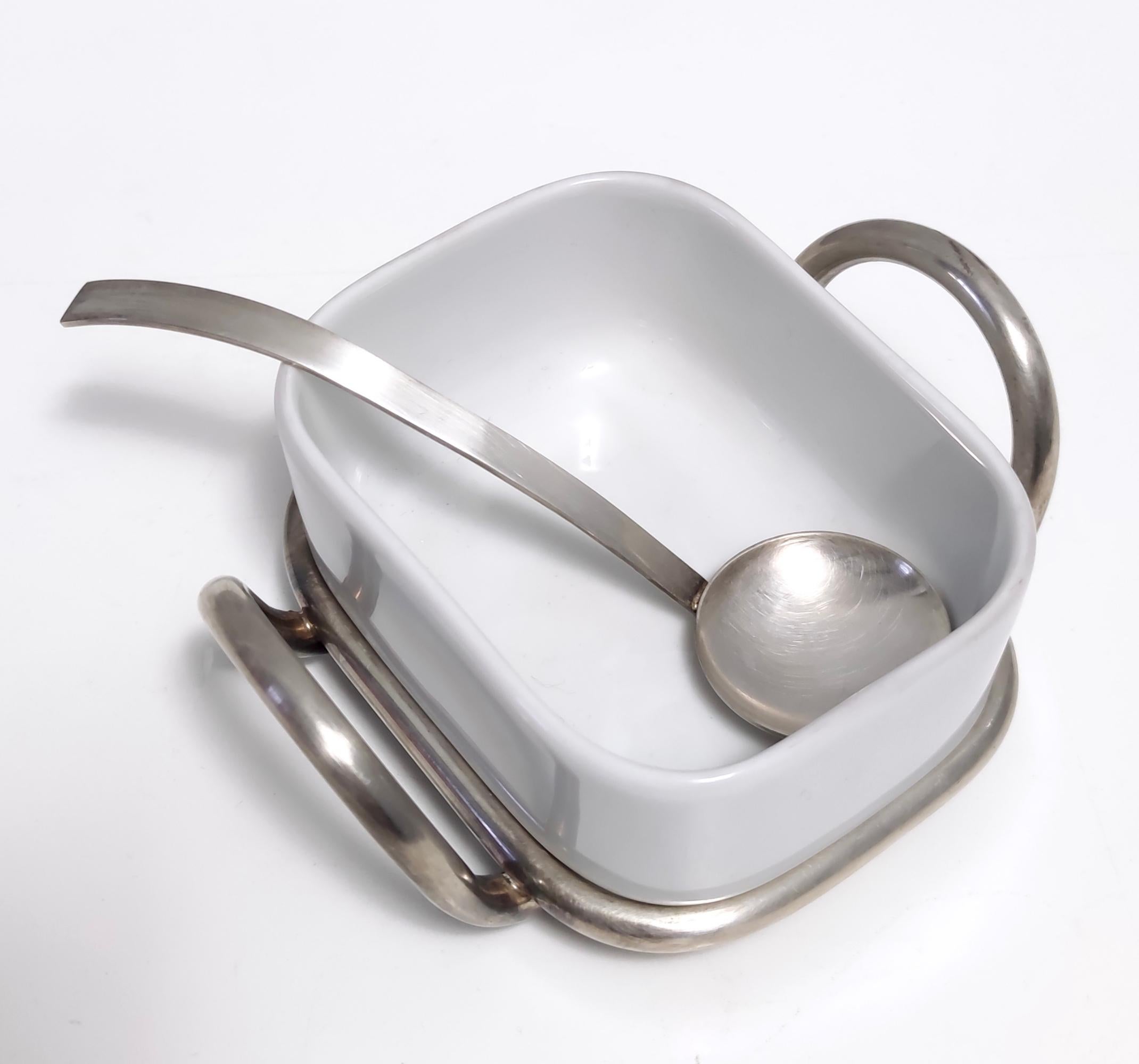 Postmodern Lino Sabattini Silver-Plated and Ceramic Cheese Bowl with Spoon 1